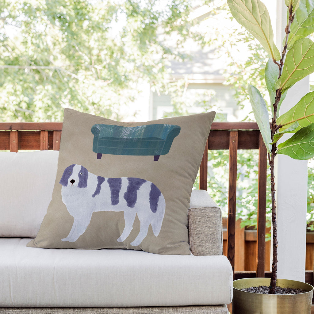 norarikka Dog and a Sofa Purple and Beige Outdoor Throw Pillow