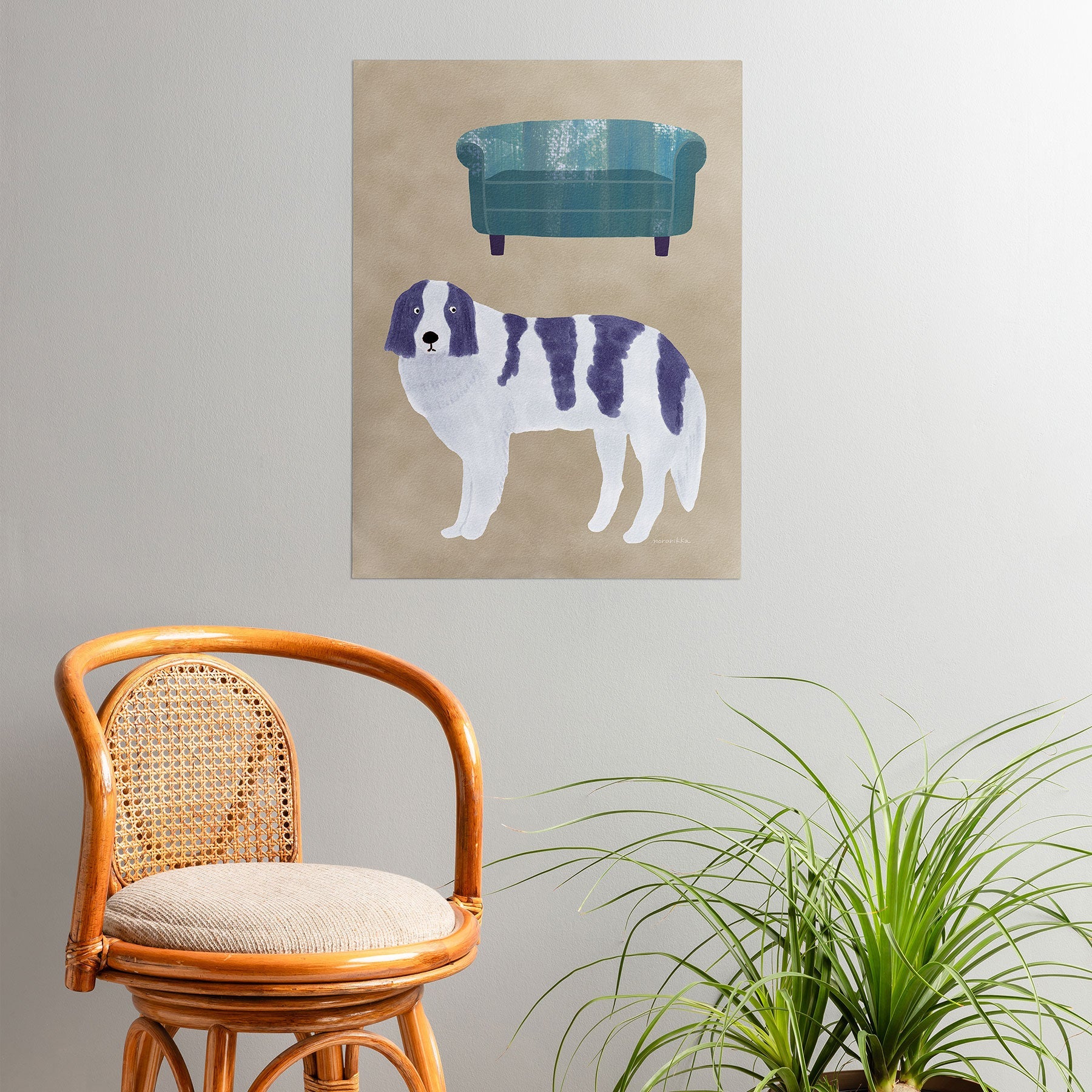 norarikka Dog and a Sofa Purple and Beige Poster