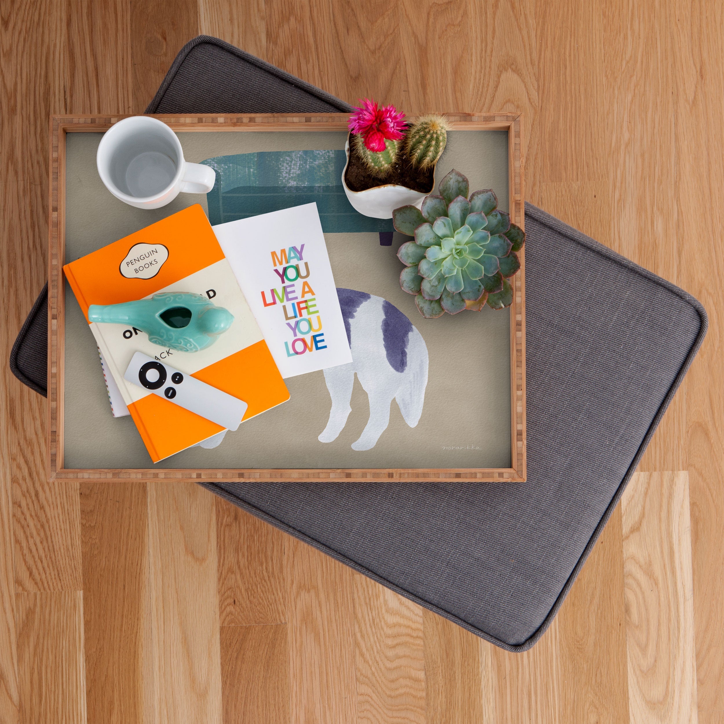 norarikka Dog and a Sofa Purple and Beige Rectangular Tray
