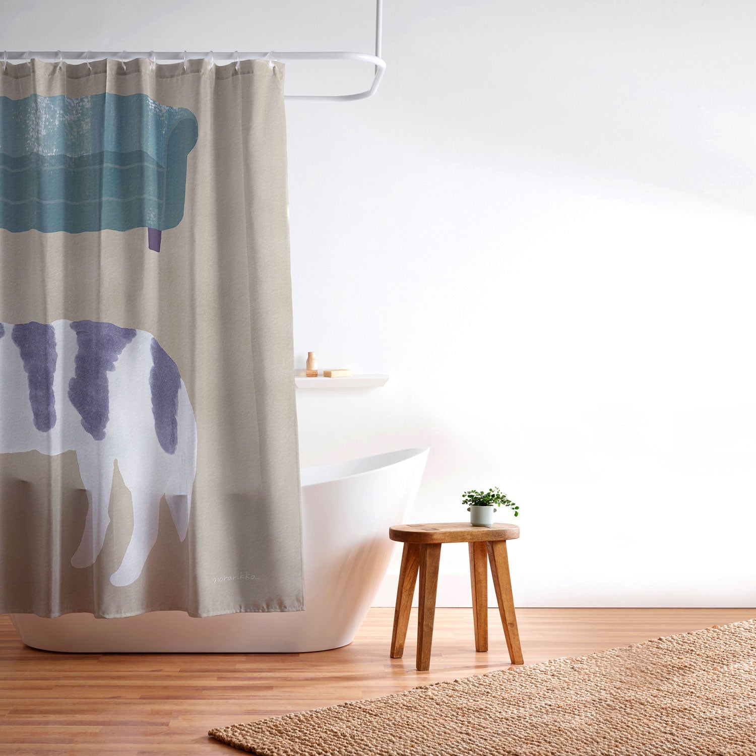 norarikka Dog and a Sofa Purple and Beige Shower Curtain