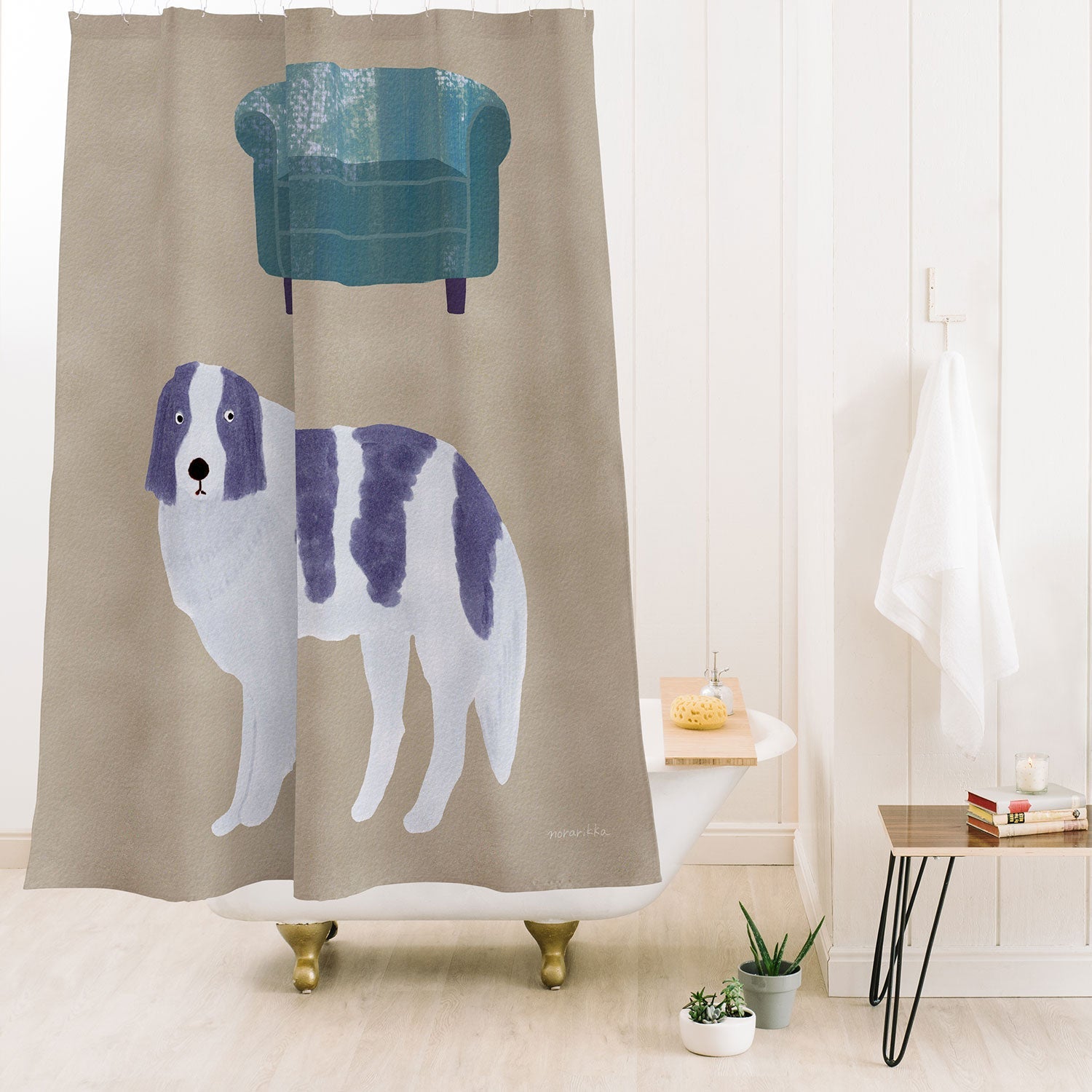 norarikka Dog and a Sofa Purple and Beige Shower Curtain