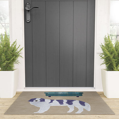 norarikka Dog and a Sofa Purple and Beige Welcome Mat