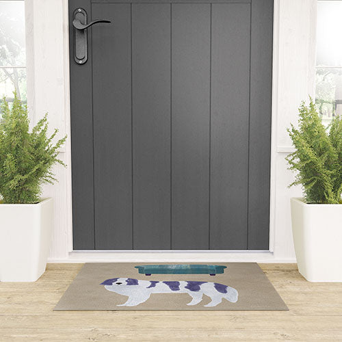 norarikka Dog and a Sofa Purple and Beige Welcome Mat