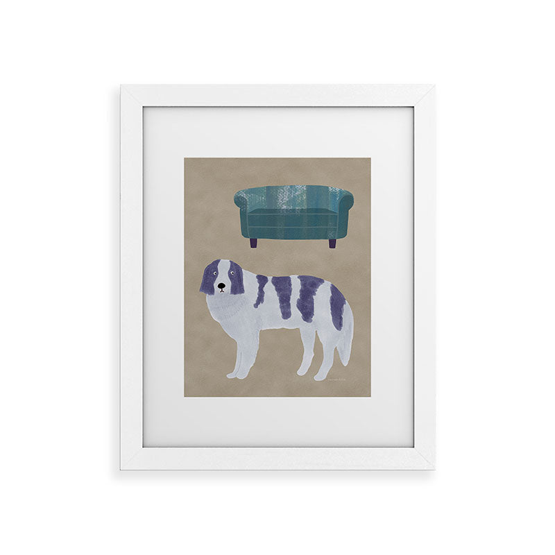 norarikka Dog and a Sofa Purple and Beige Framed Art Print