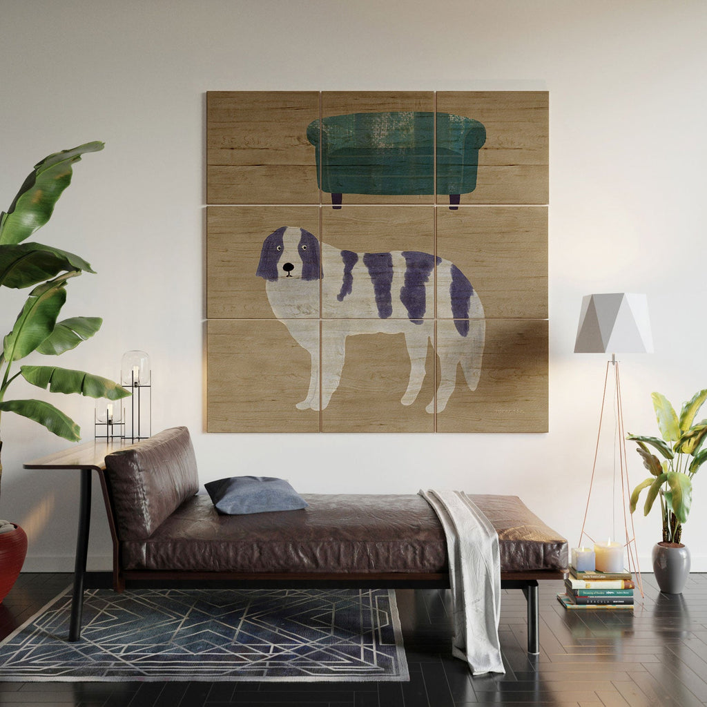 norarikka Dog and a Sofa Purple and Beige Wood Wall Mural