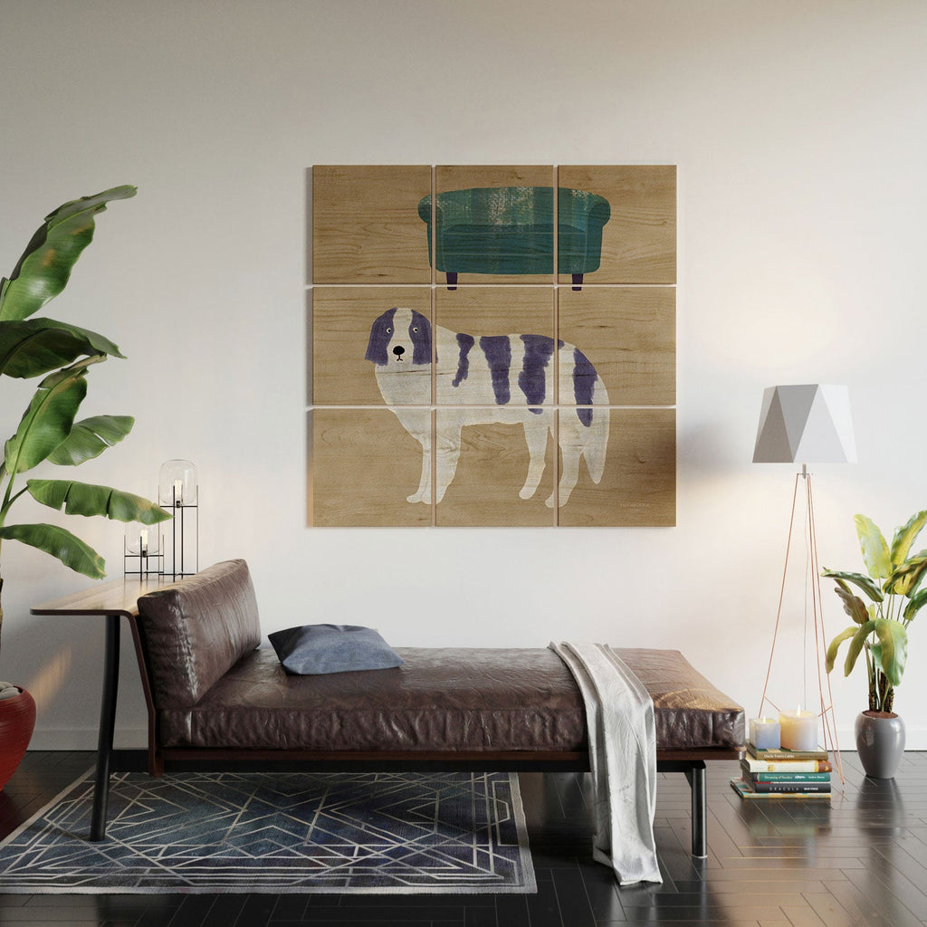 norarikka Dog and a Sofa Purple and Beige Wood Wall Mural
