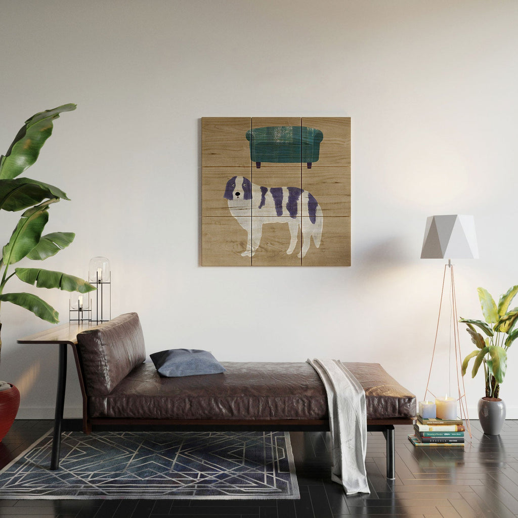 norarikka Dog and a Sofa Purple and Beige Wood Wall Mural