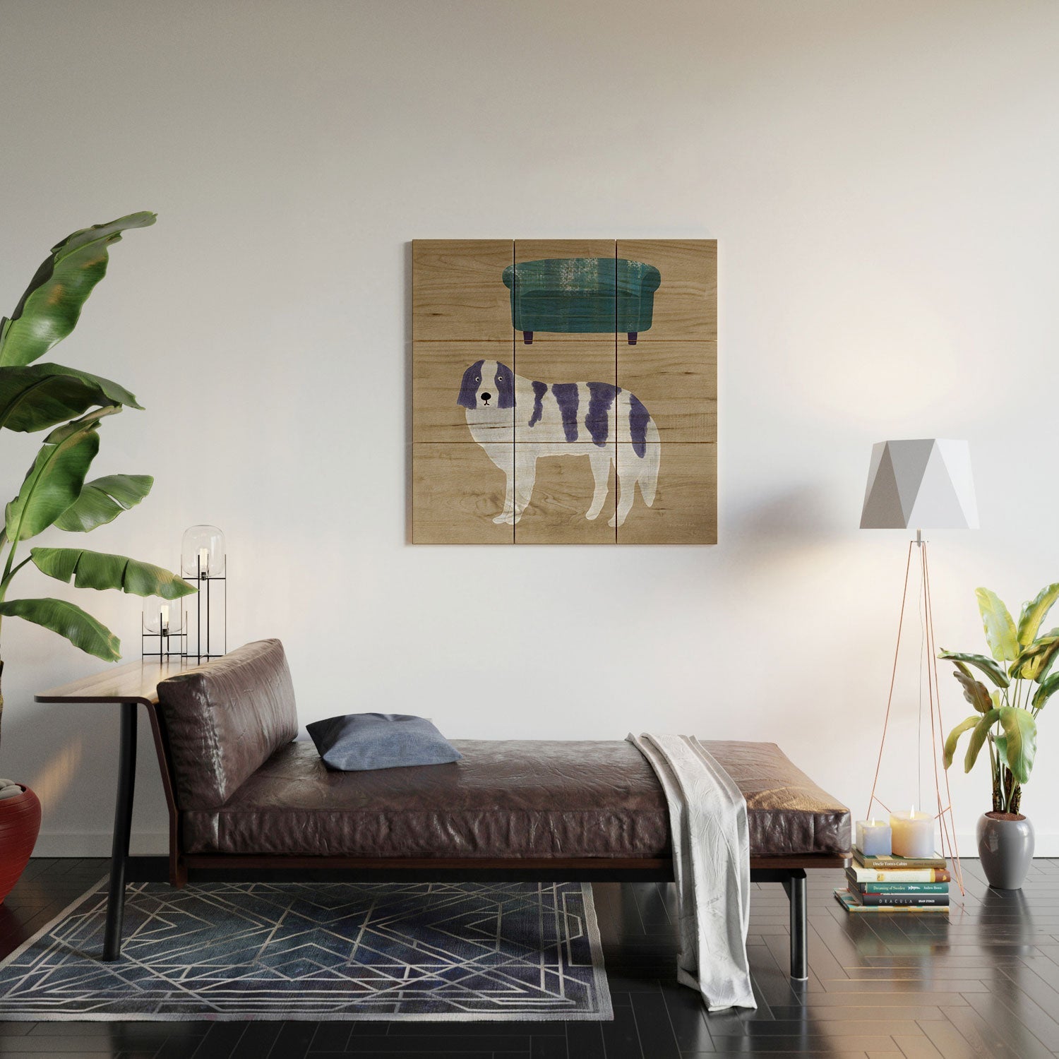 norarikka Dog and a Sofa Purple and Beige Wood Wall Mural