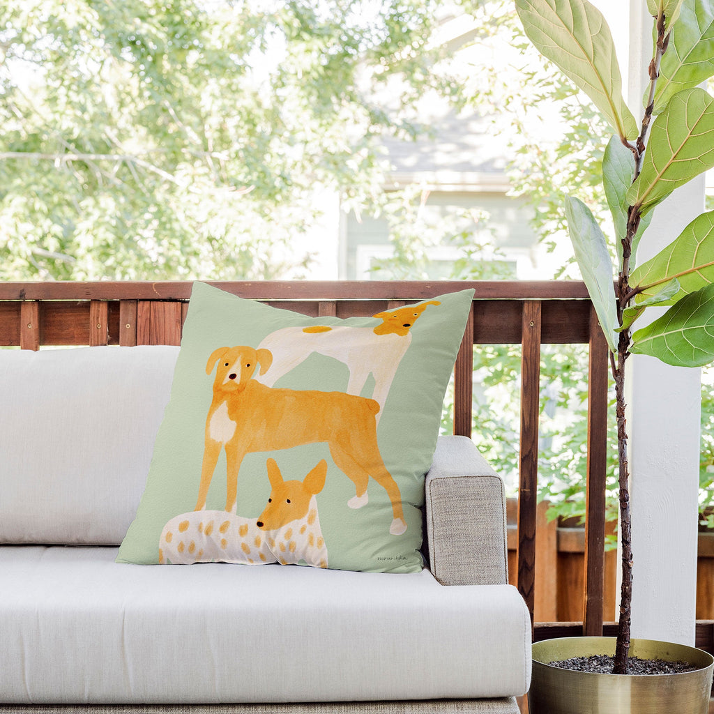 norarikka Three Dogs Lined Up Outdoor Throw Pillow