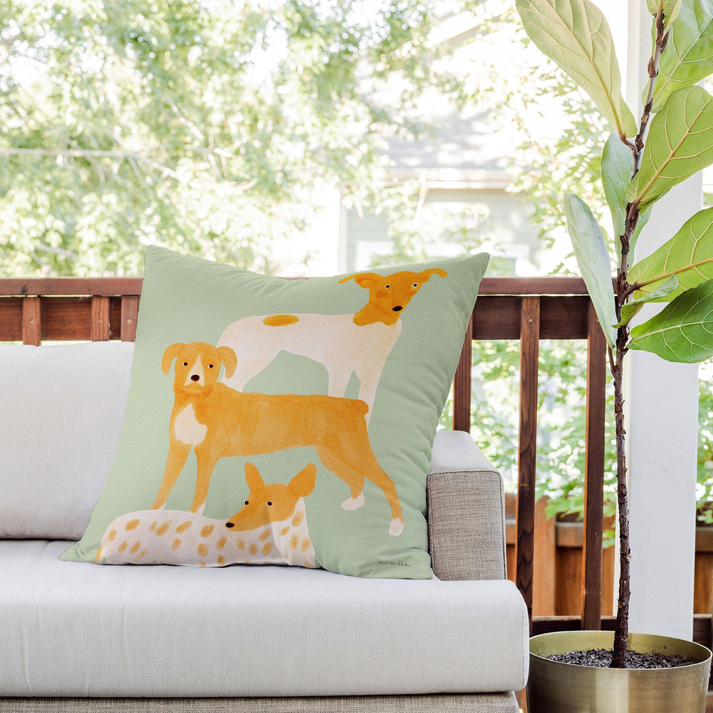 norarikka Three Dogs Lined Up Outdoor Throw Pillow
