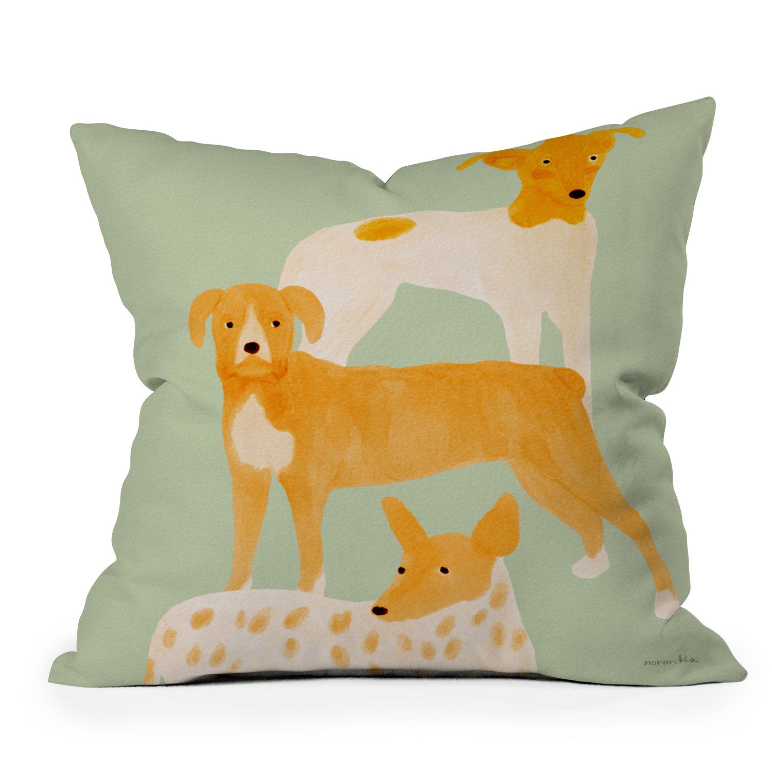 norarikka Three Dogs Lined Up Outdoor Throw Pillow