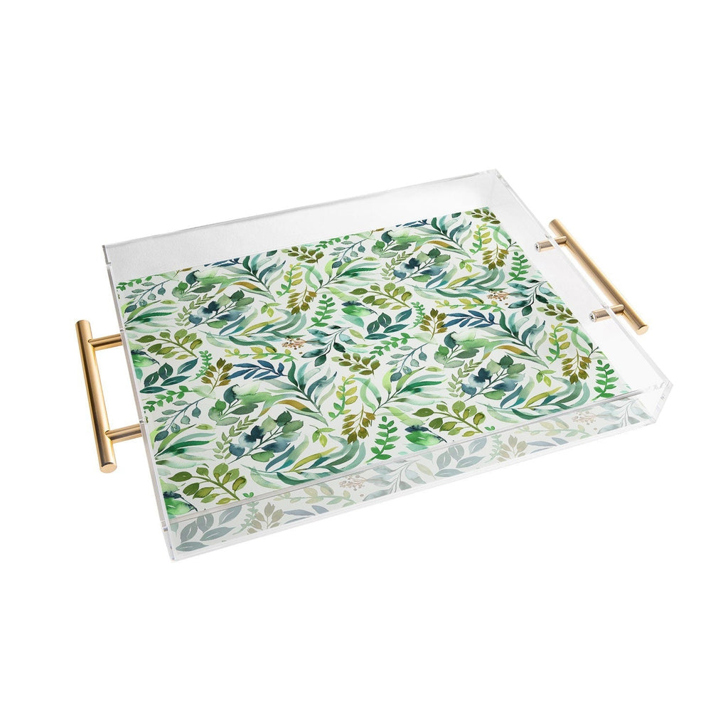 Ninola Design Botanic Retreat Loose Botanical Leaves Watercolor Green Acrylic Tray