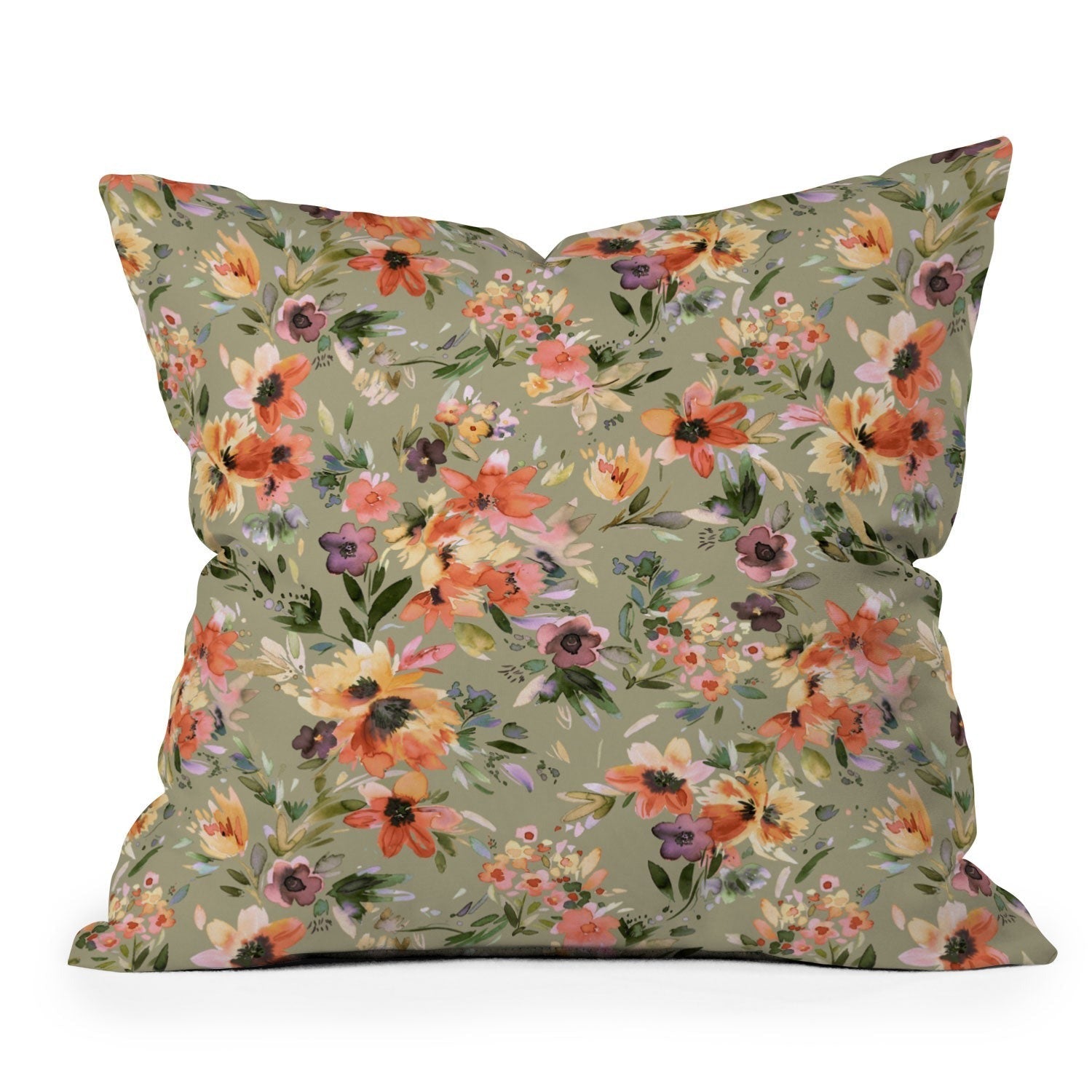 Ninola Design Botanic Retreat Painterly Tropical Flowers Sage Green Throw Pillow