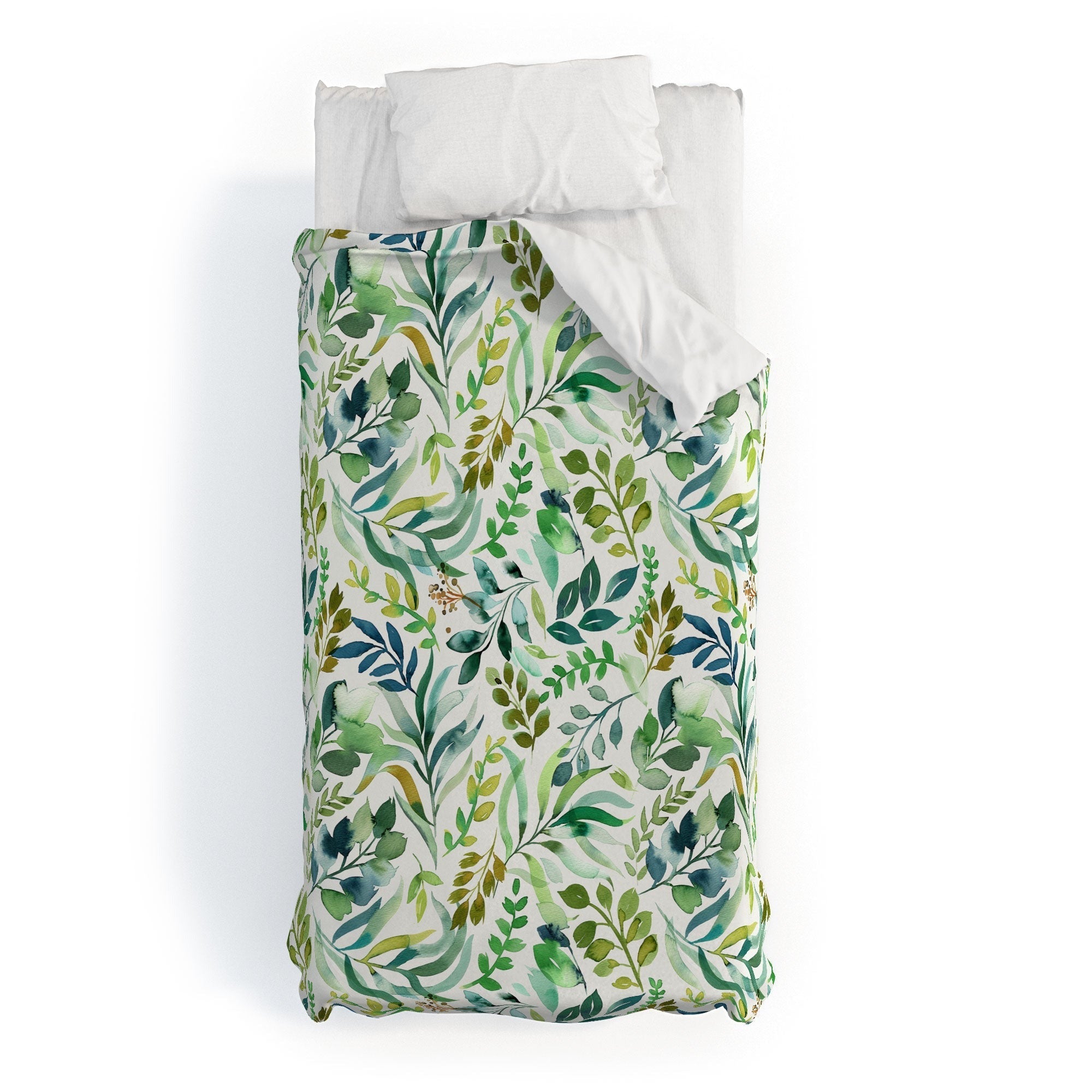 Ninola Design Botanic Retreat Loose Botanical Leaves Watercolor Green Duvet Cover