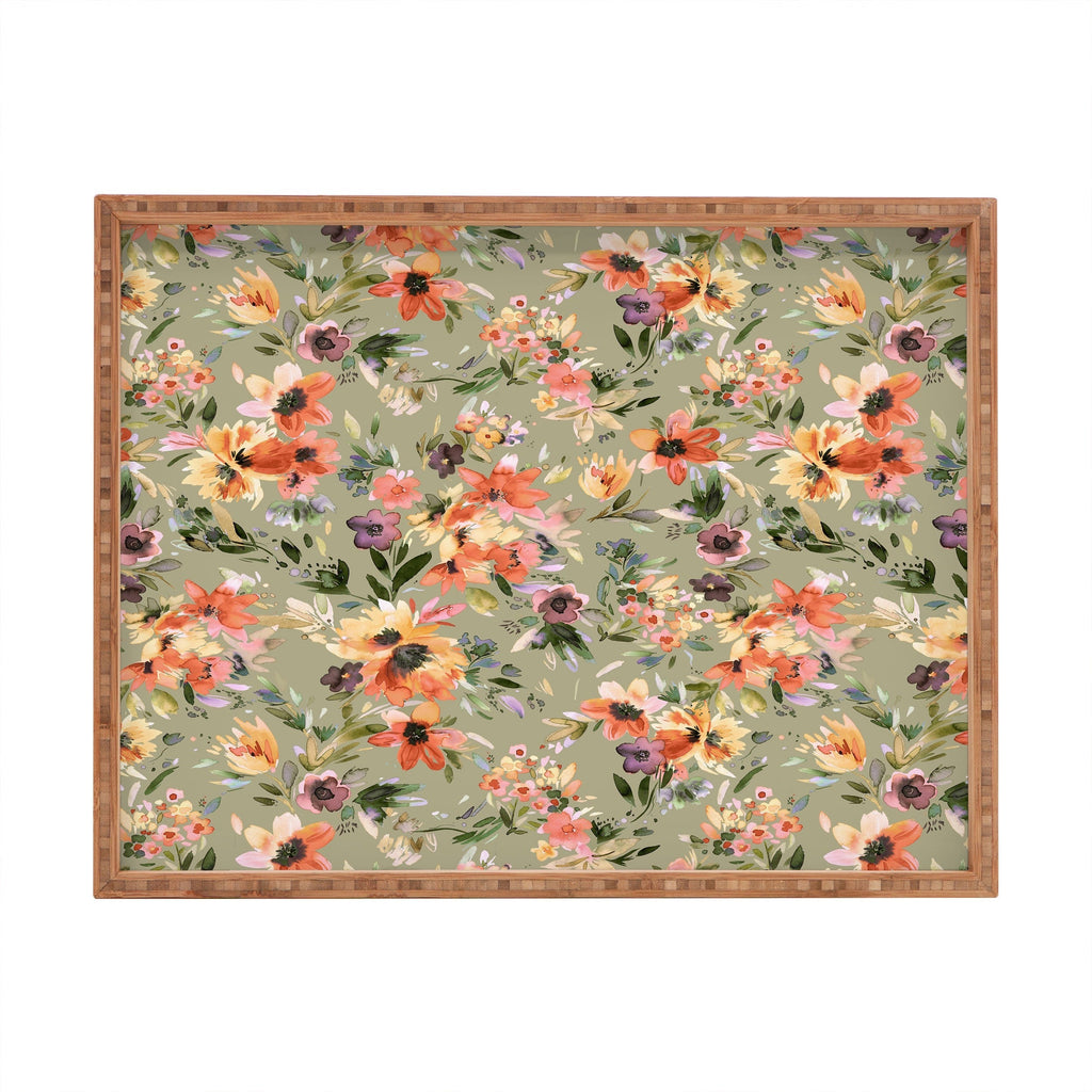 Ninola Design Botanic Retreat Floral Oleander Whimsical Teal Green Rectangular Tray