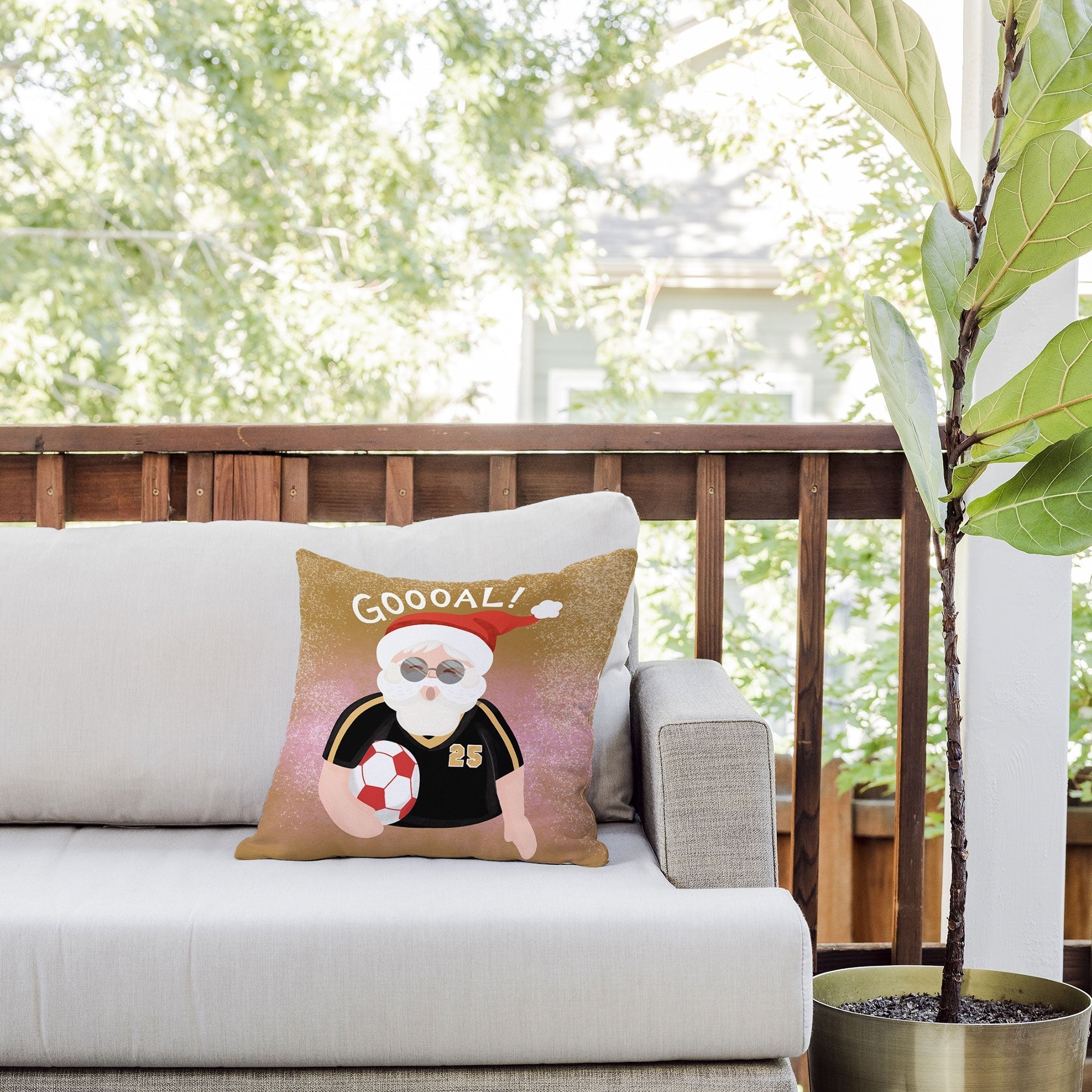 Design by Spark Sporty Soccer Santa Outdoor Throw Pillow