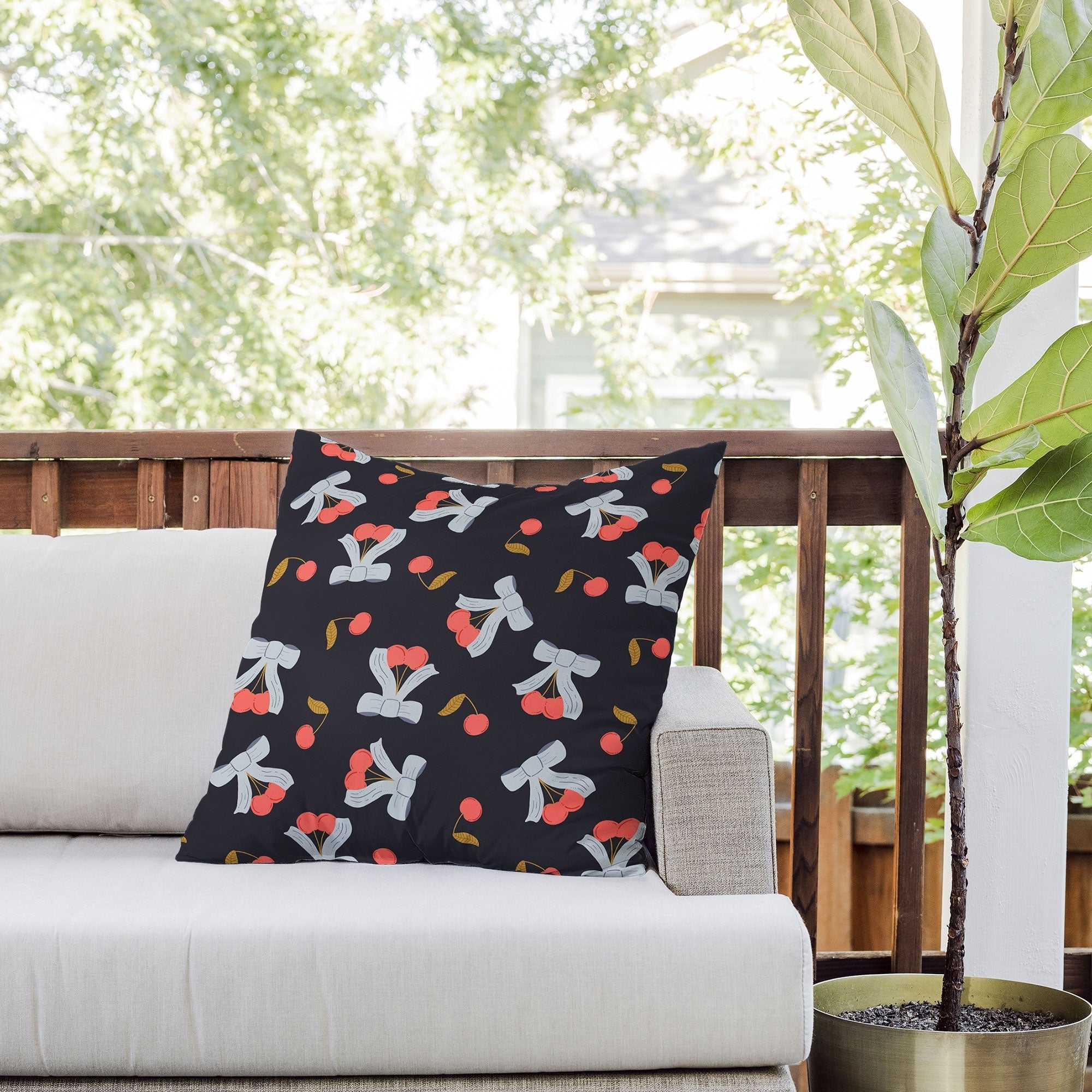 Jennifer Labre Cherries and Bows Outdoor Throw Pillow