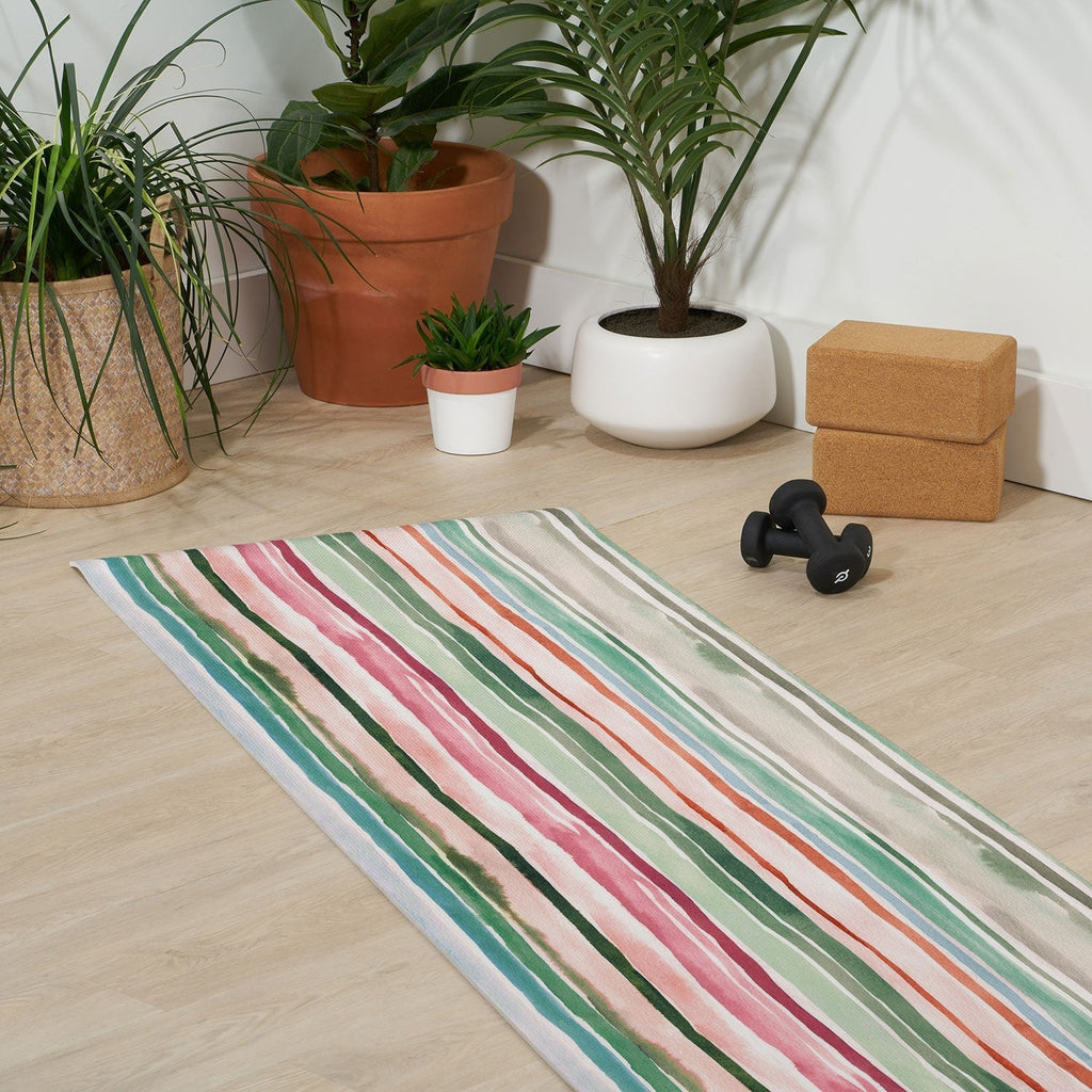 Ninola Design Botanic Retreat Watercolor Stripes Green Orange Red Yoga Mat
