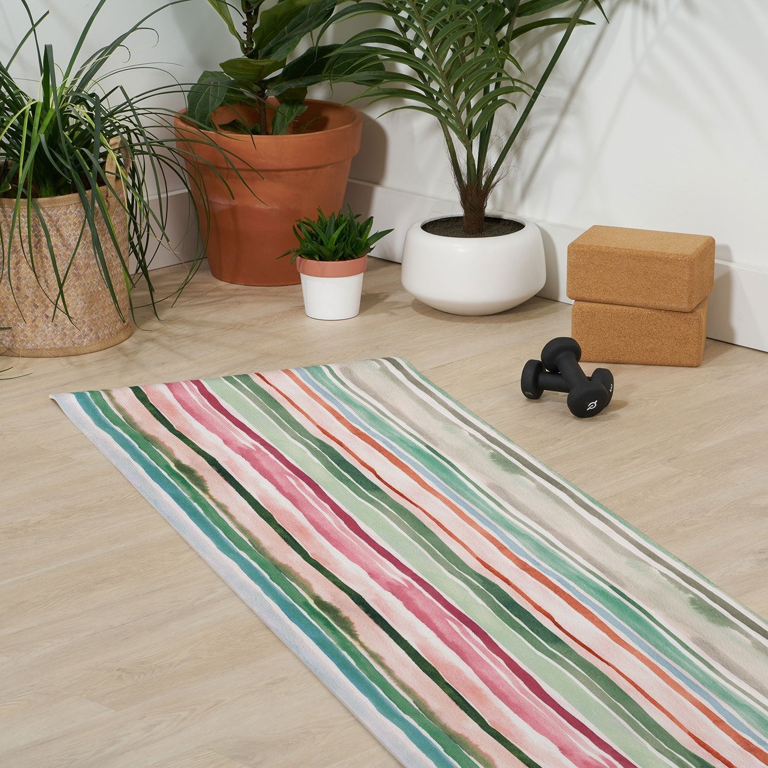 Ninola Design Botanic Retreat Watercolor Stripes Green Orange Red Yoga Mat