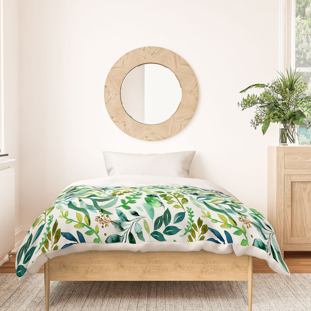 Ninola Design Botanic Retreat Loose Botanical Leaves Watercolor Green Duvet Cover