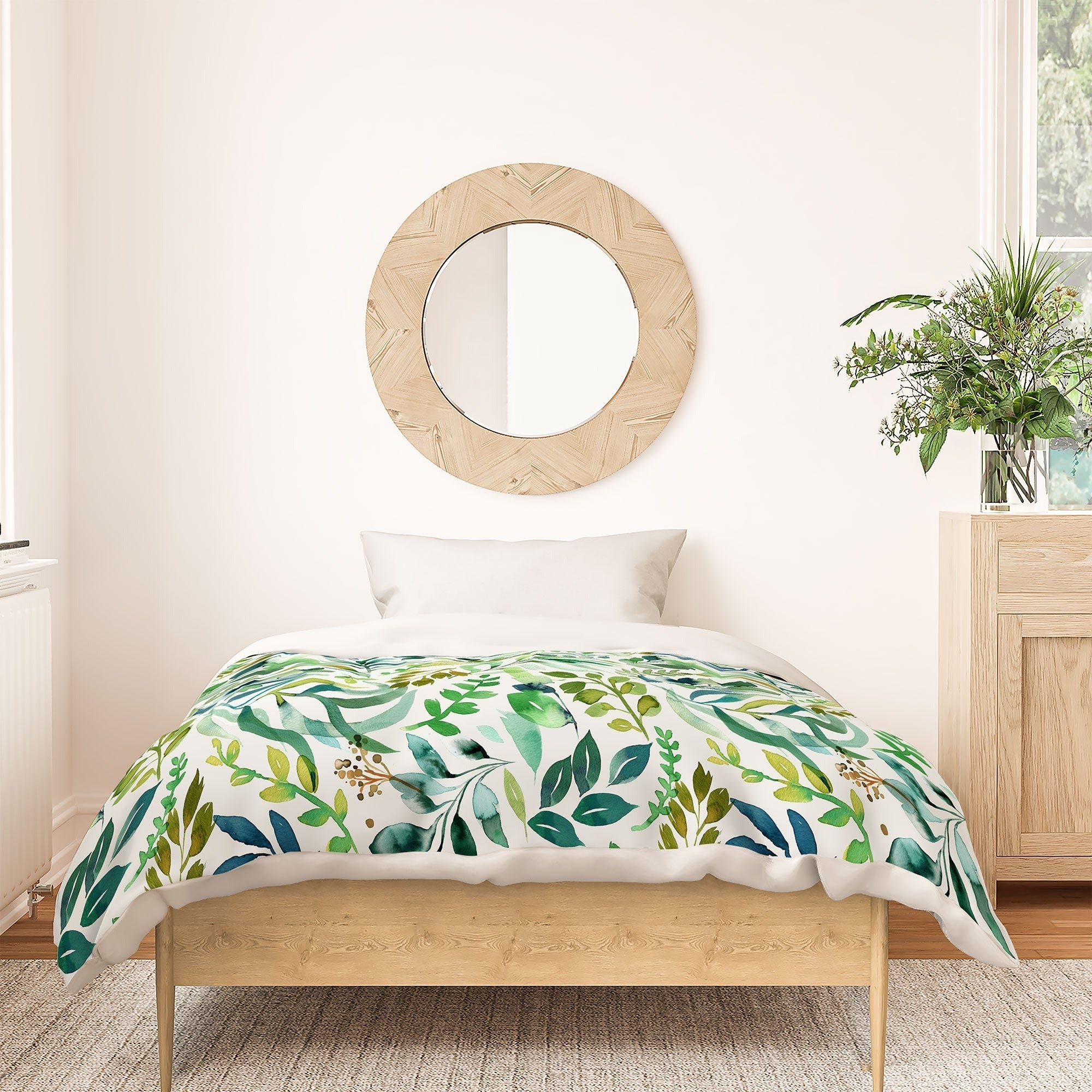 Ninola Design Botanic Retreat Loose Botanical Leaves Watercolor Green Duvet Cover