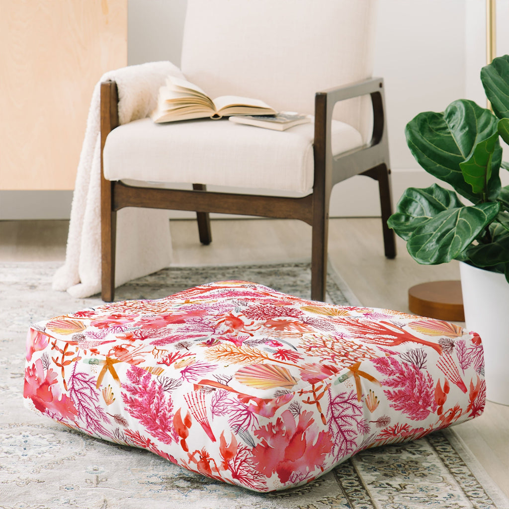 Ninola Design Botanic Retreat Coral Reef Crab Lobster Red Floor Pillow Square