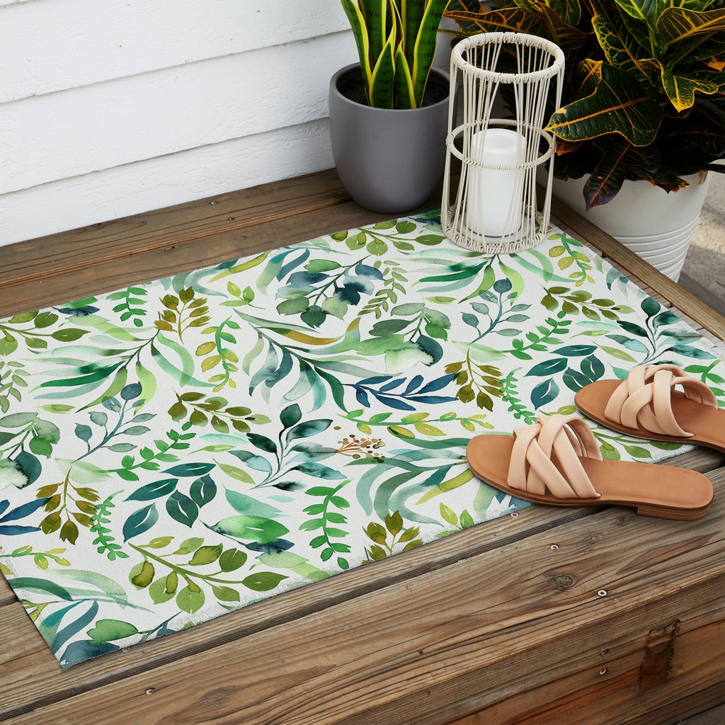 Ninola Design Botanic Retreat Loose Botanical Leaves Watercolor Green Outdoor Rug