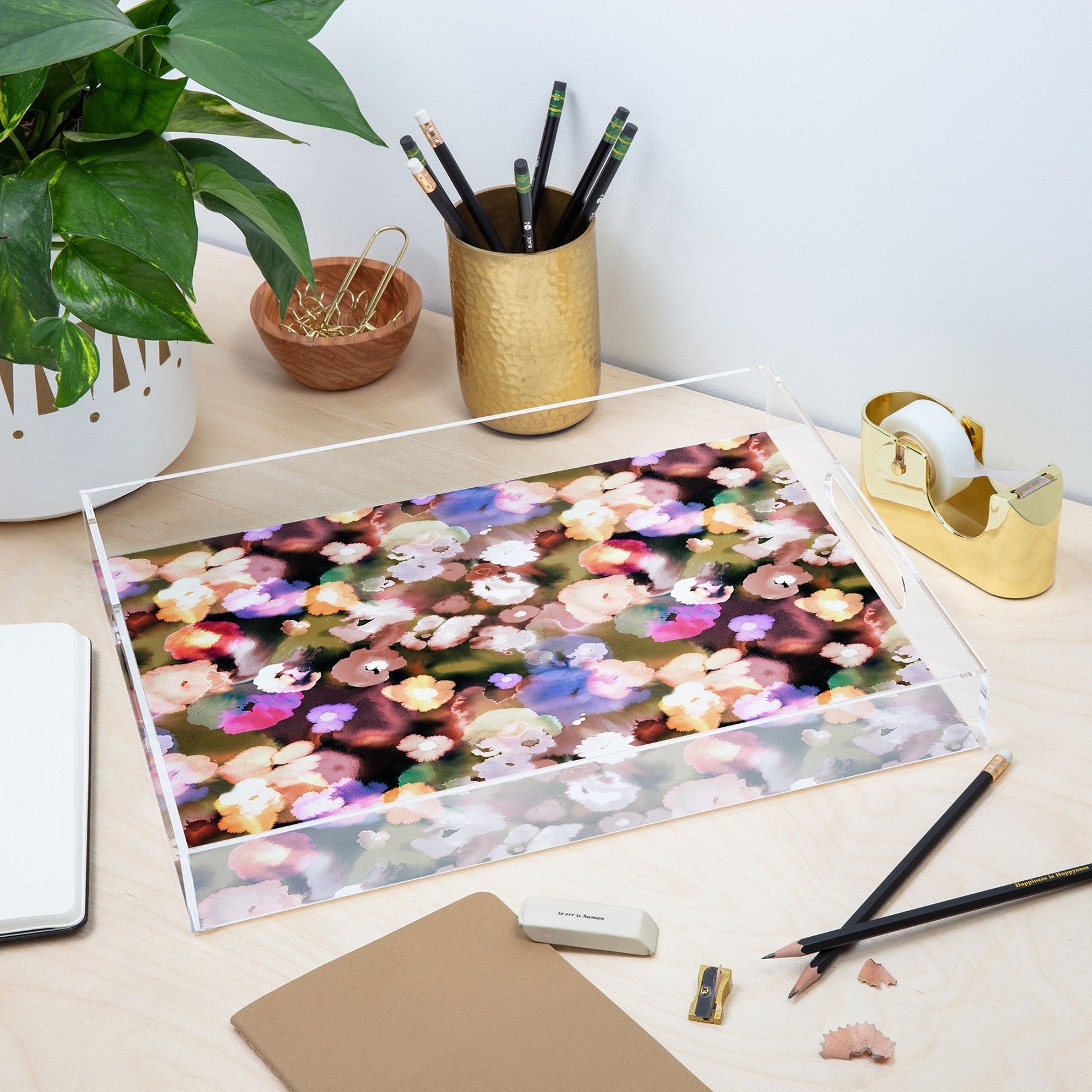 Ninola Design Botanic Retreat Ombre Abstract Watercolor Flowers Pink gold Acrylic Tray