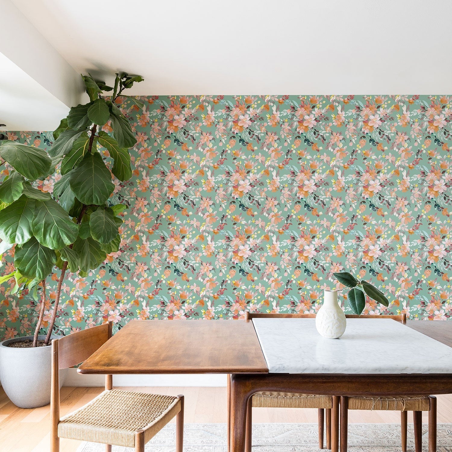 Ninola Design Botanic Retreat Floral Oleander Whimsical Teal Green Wallpaper