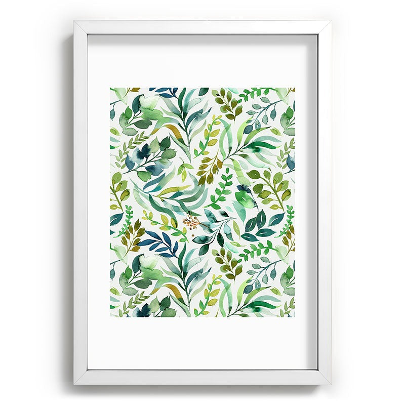 Ninola Design Botanic Retreat Loose Botanical Leaves Watercolor Green Recessed Framing Rectangle