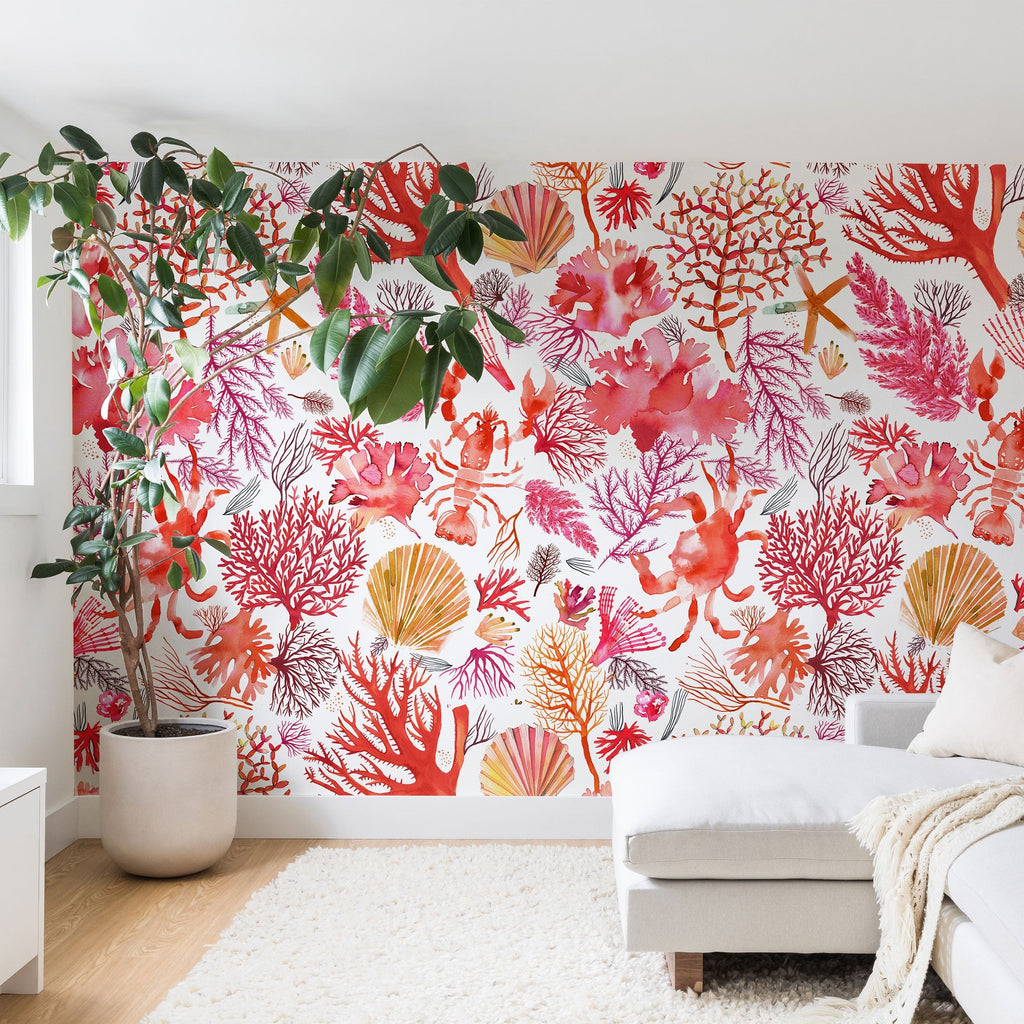 Ninola Design Botanic Retreat Coral Reef Crab Lobster Red Wall Mural