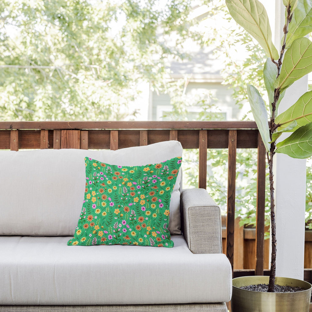 Pimlada Phuapradit Ditsy Spring Floral Green Outdoor Throw Pillow