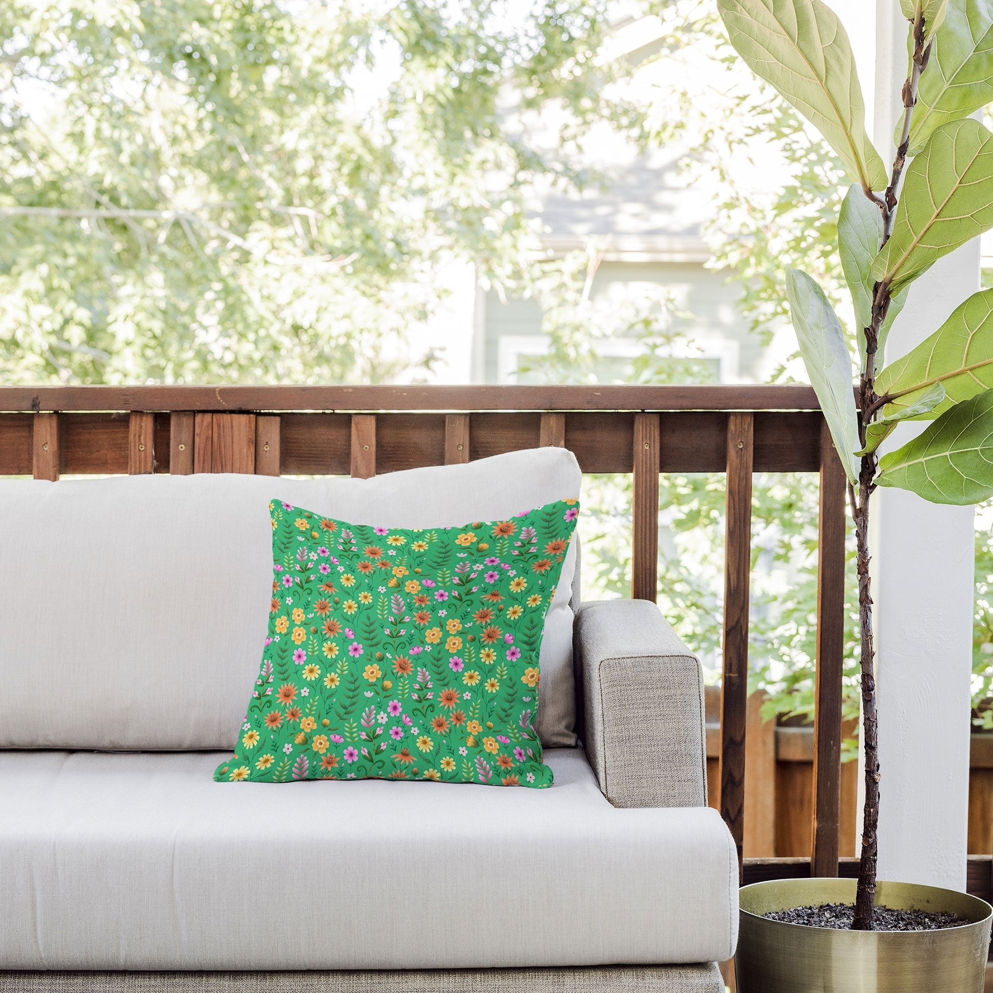 Pimlada Phuapradit Ditsy Spring Floral Green Outdoor Throw Pillow