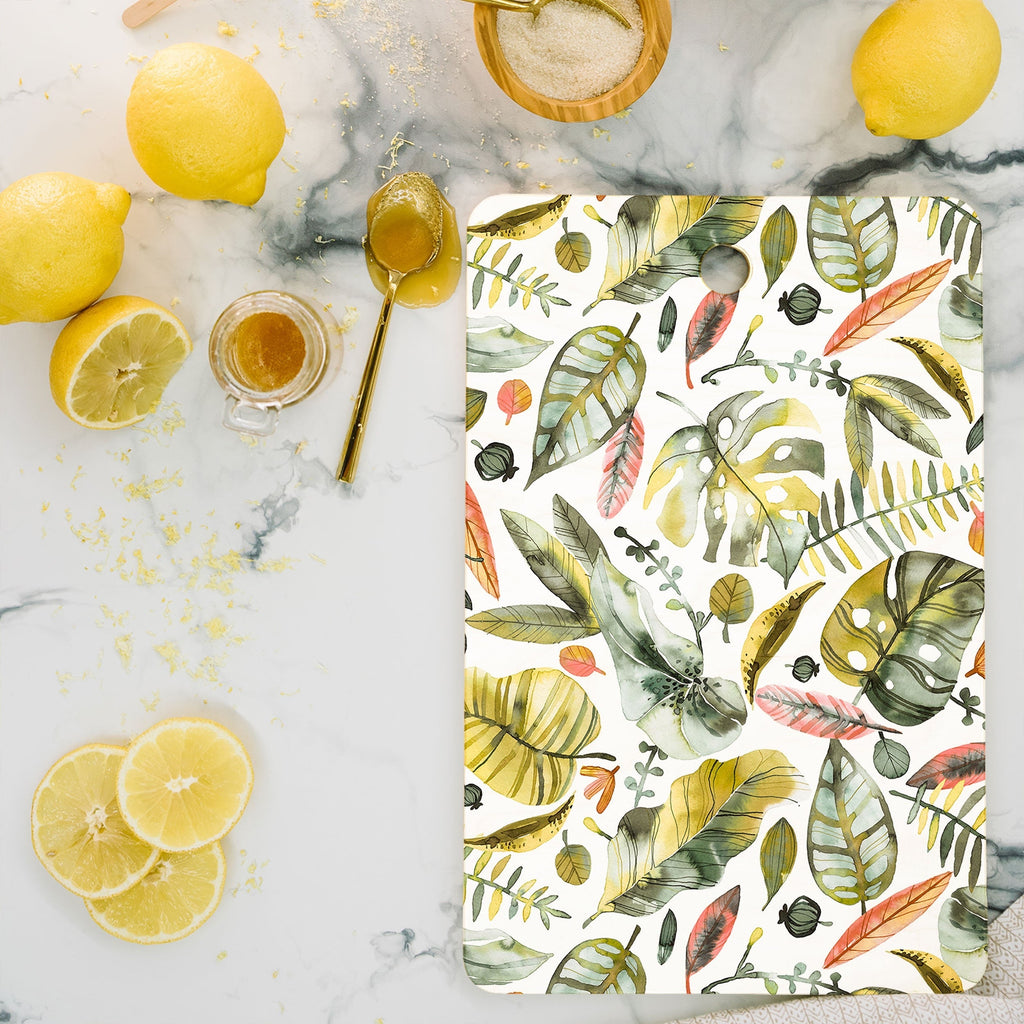 Ninola Design Botanic Retreat Tropical Jungle Leaves Botanical Green Orange Cutting Board Rectangle