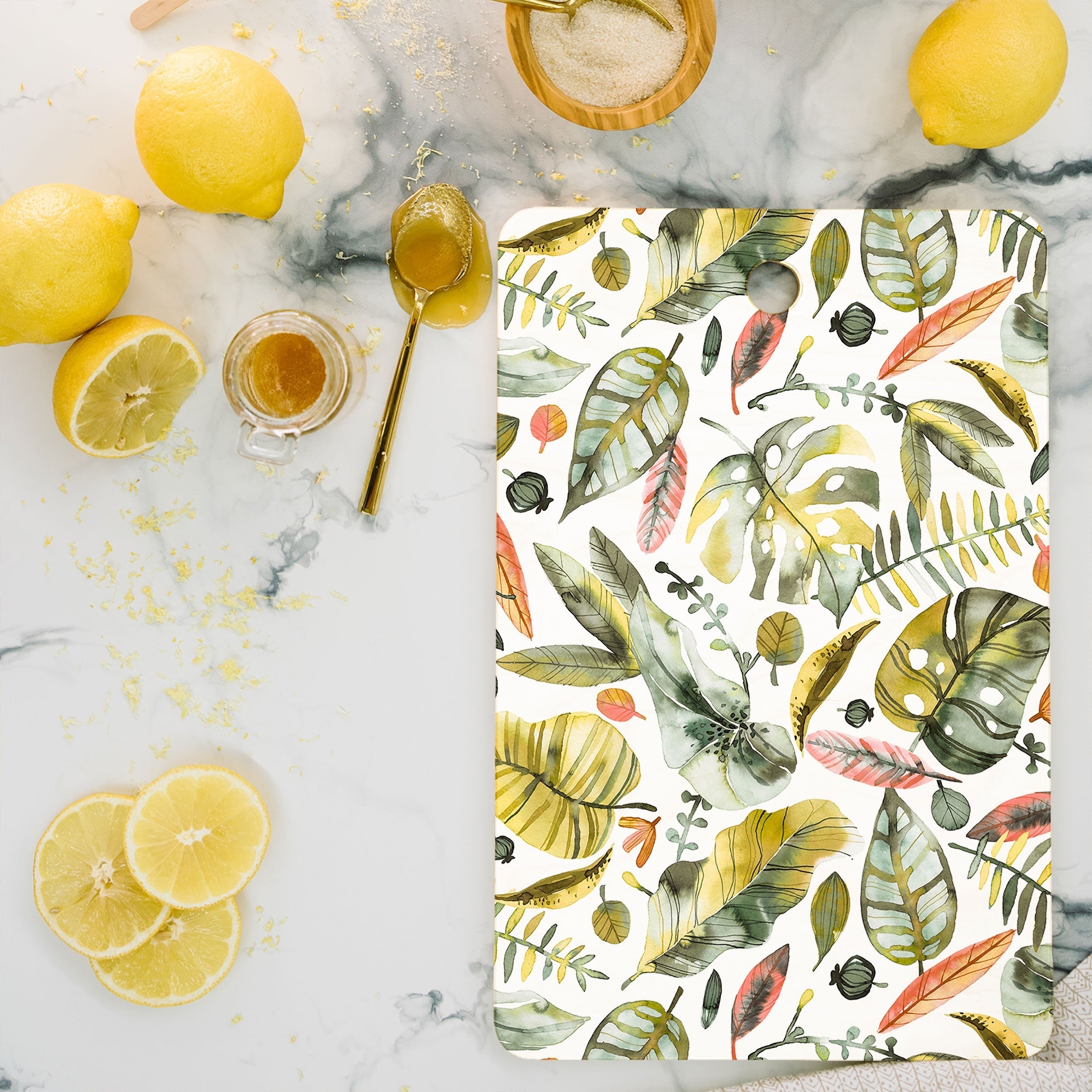 Ninola Design Botanic Retreat Tropical Jungle Leaves Botanical Green Orange Cutting Board Rectangle