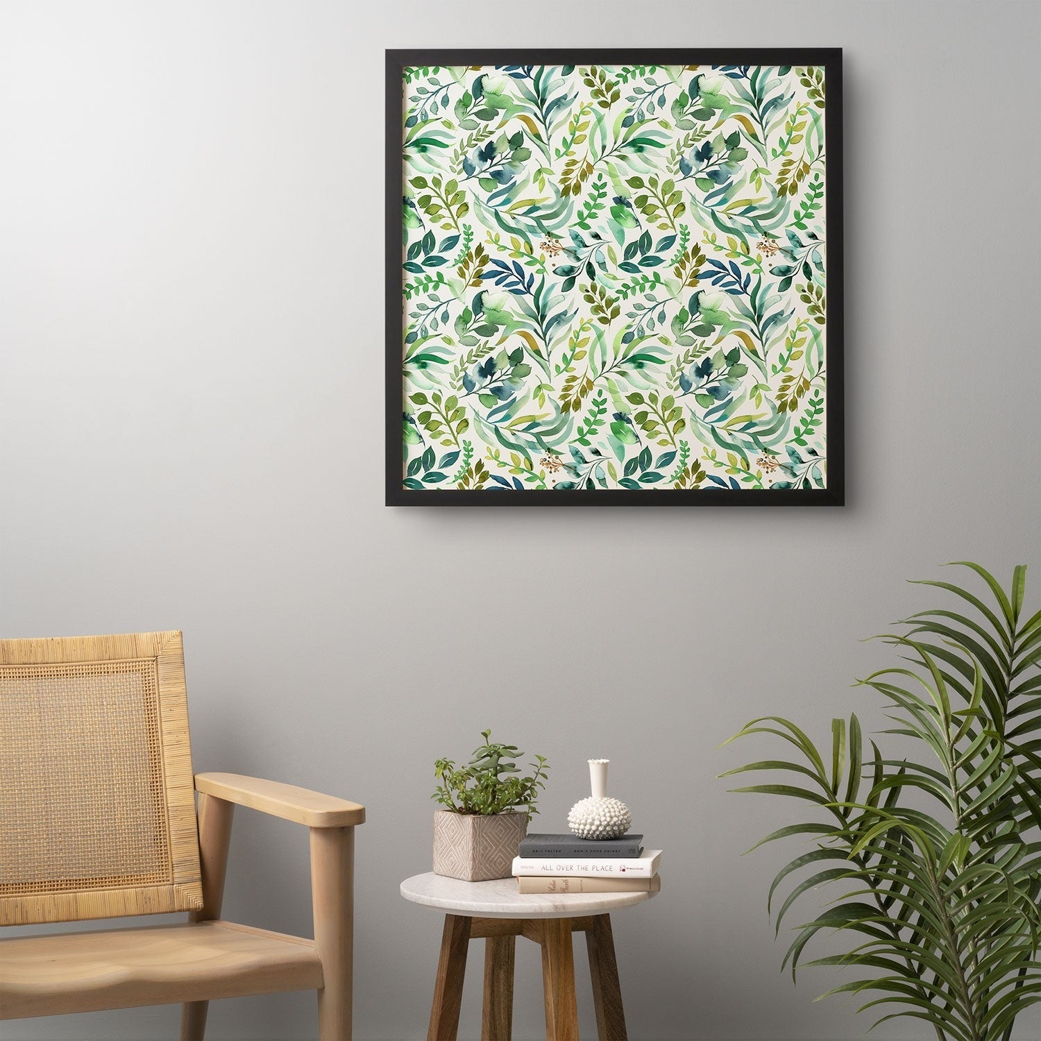 Ninola Design Botanic Retreat Loose Botanical Leaves Watercolor Green Framed Wall Art