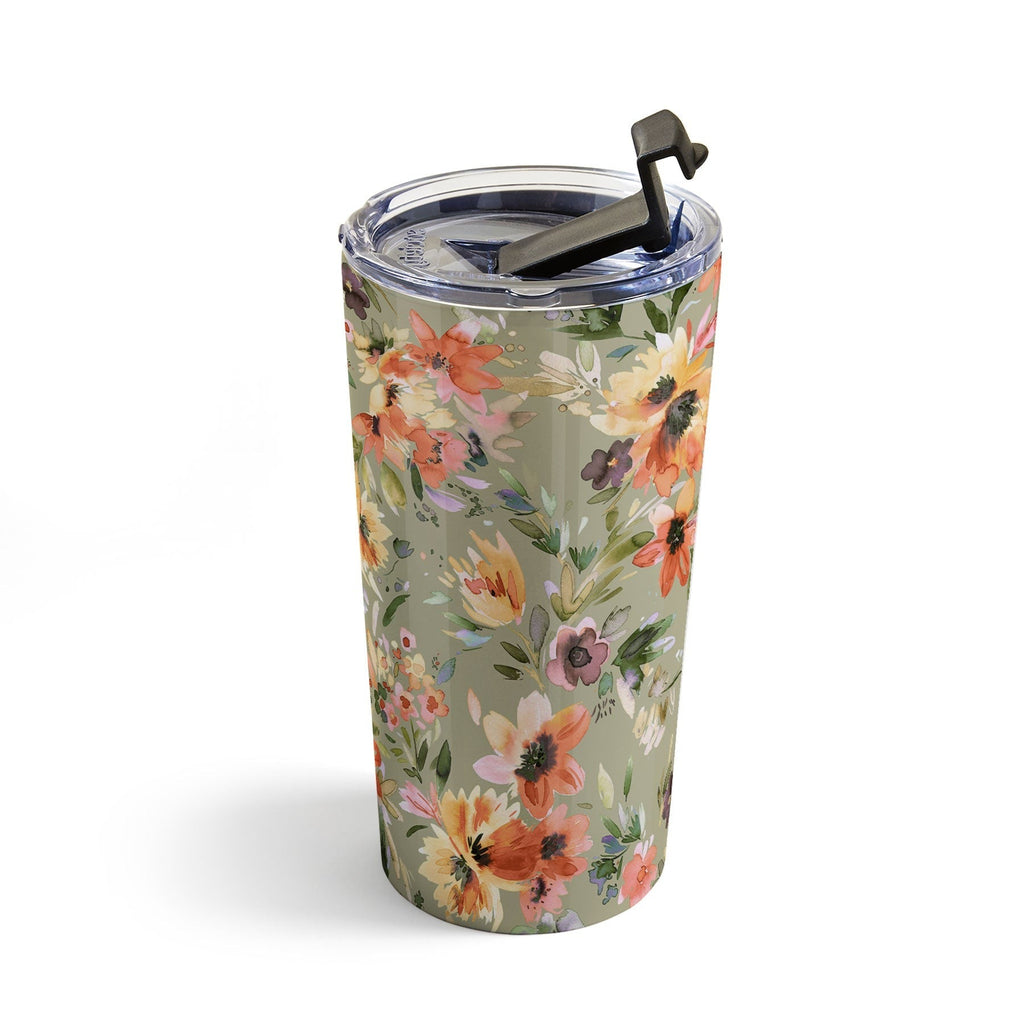 Ninola Design Botanic Retreat Painterly Tropical Flowers Sage Green Travel Mug