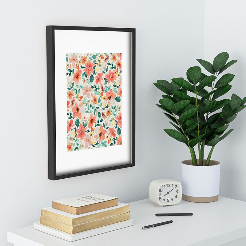 Ninola Design Botanic Retreat Tropical Whimsical Flowers Coral Green Recessed Framing Rectangle