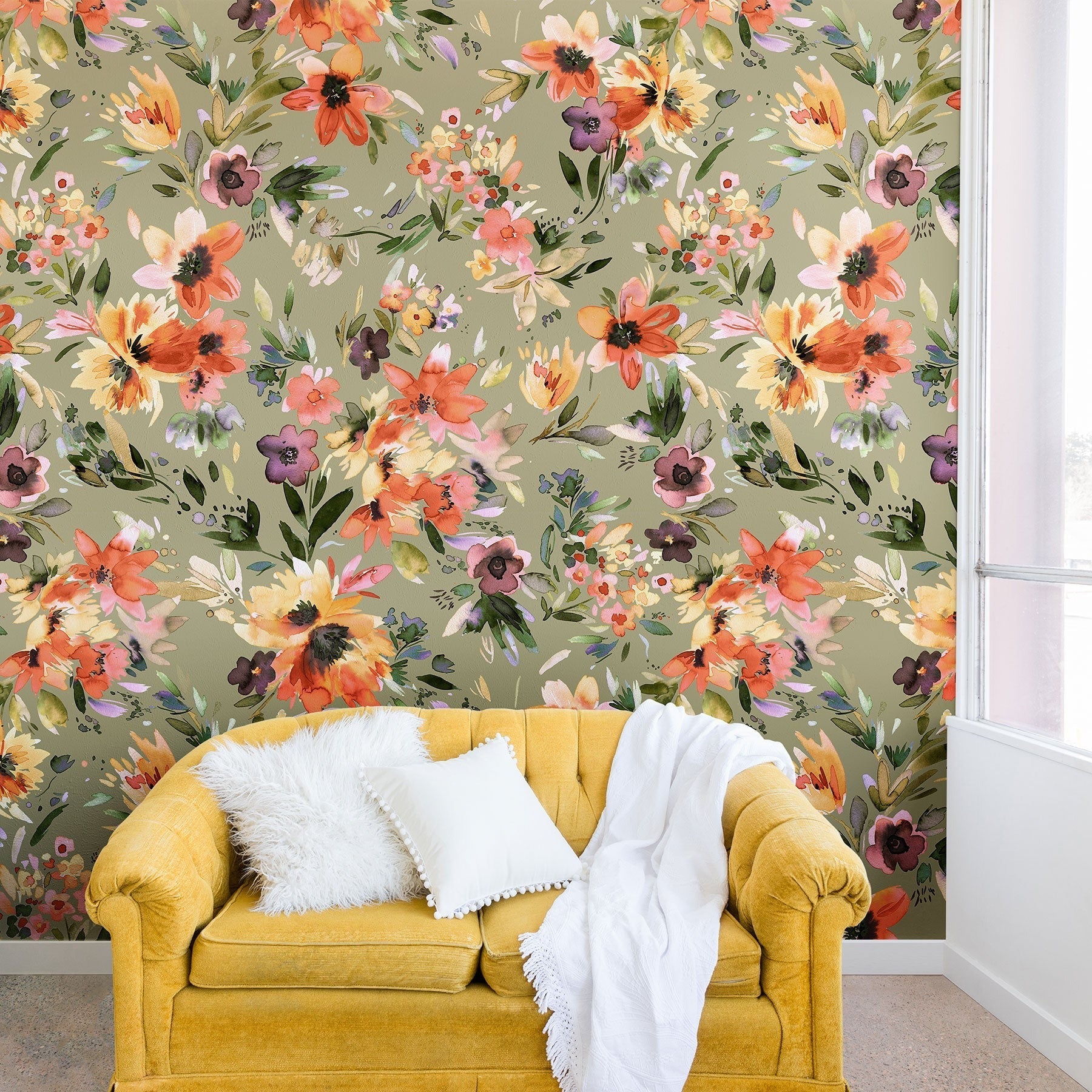 Ninola Design Botanic Retreat Painterly Tropical Flowers Sage Green Wall Mural