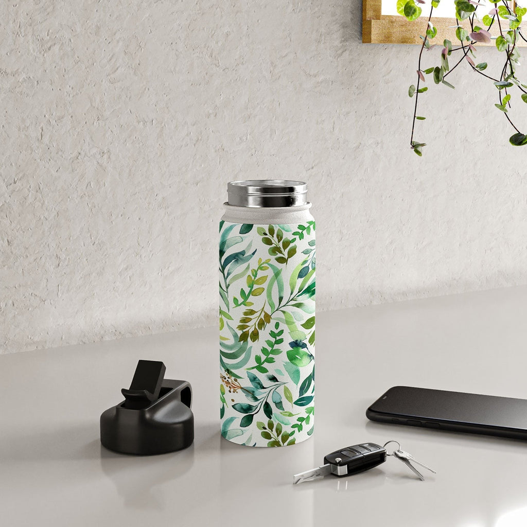 Ninola Design Botanic Retreat Loose Botanical Leaves Watercolor Green Water Bottle