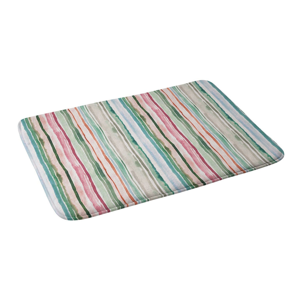 Ninola Design Botanic Retreat Watercolor Stripes Green Orange Red Memory Foam Bath Mat