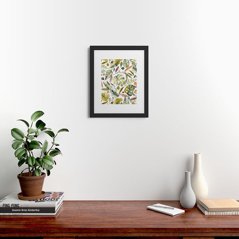 Ninola Design Botanic Retreat Tropical Jungle Leaves Botanical Green Orange Framed Art Print