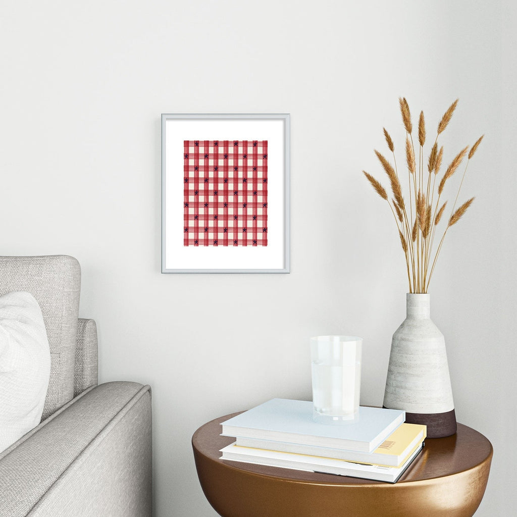 DENY Designs Red Gingham plus Stars Metal Framed Art Print