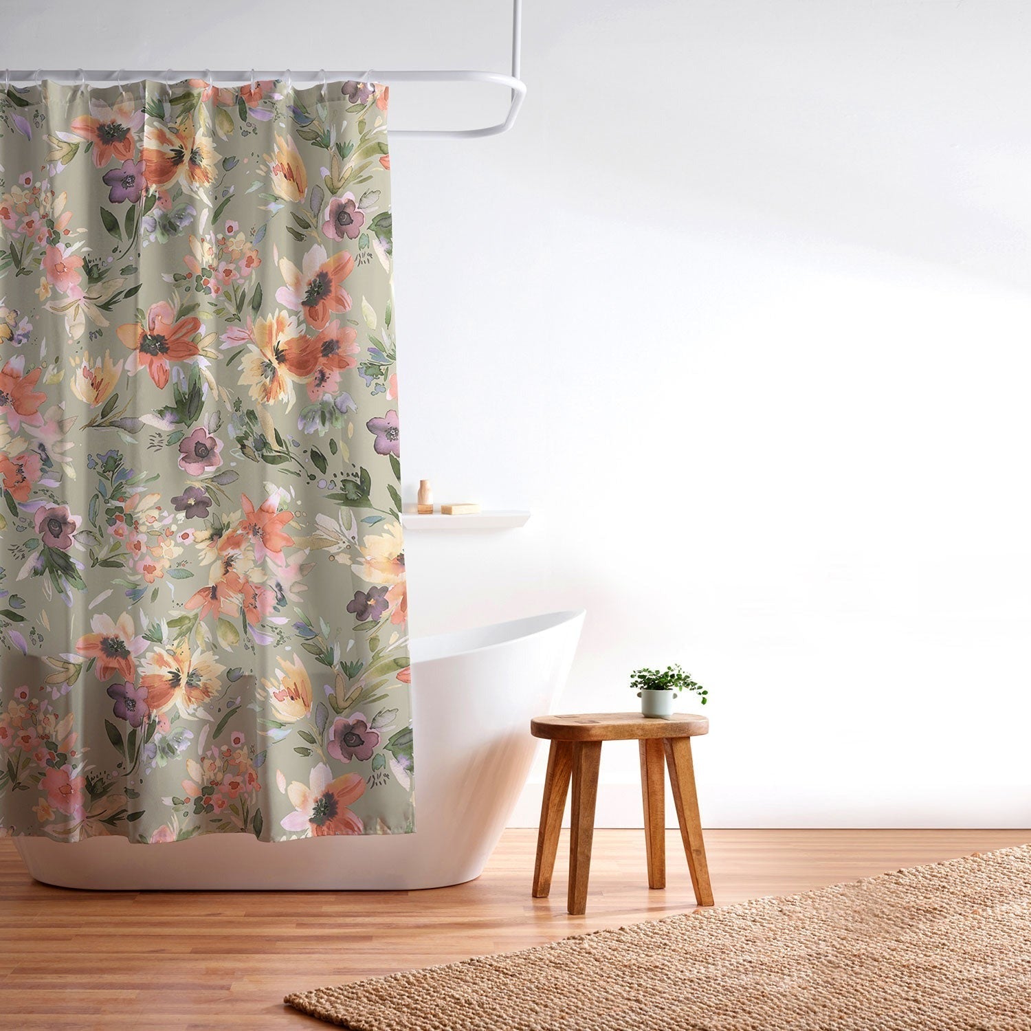 Ninola Design Botanic Retreat Painterly Tropical Flowers Sage Green Shower Curtain