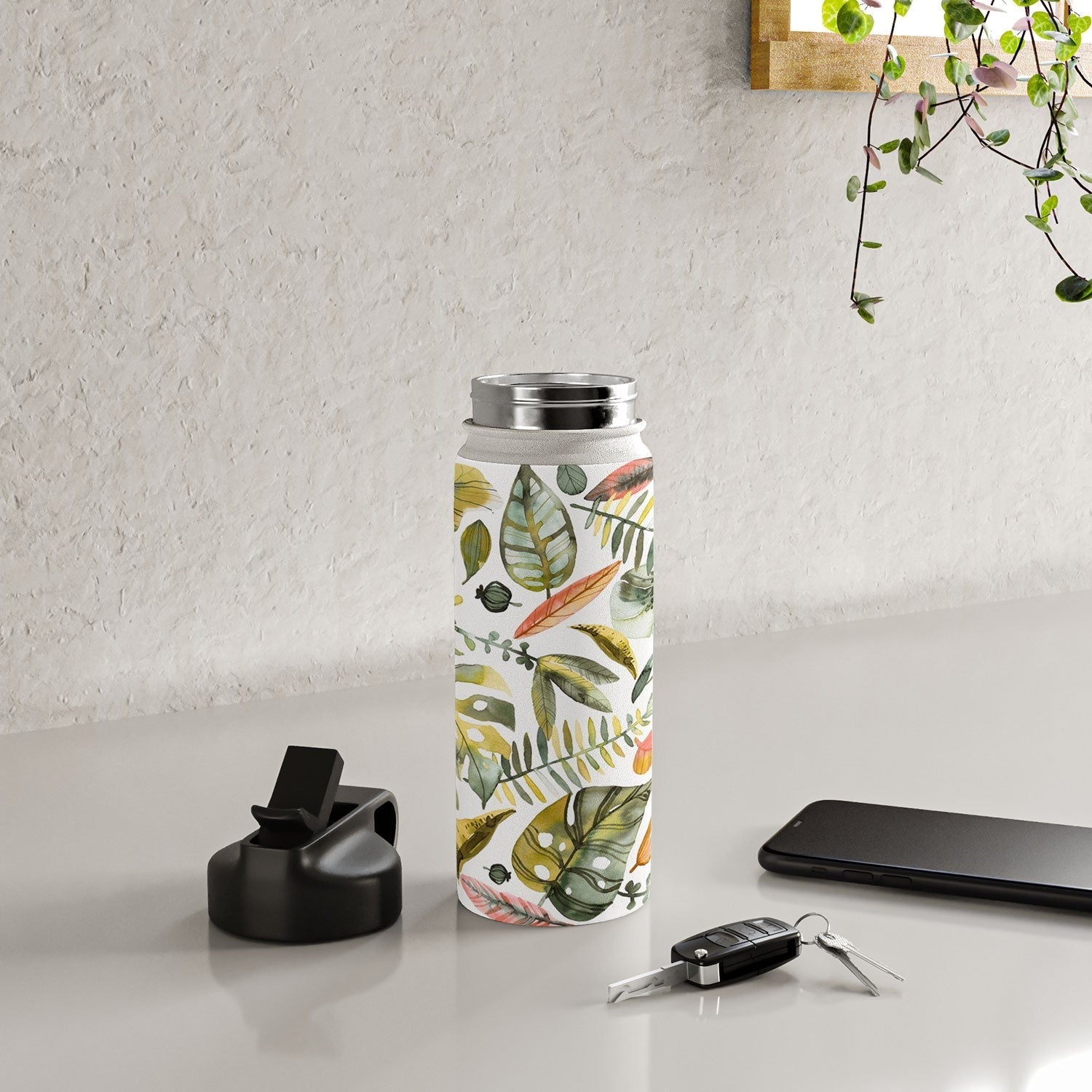 Ninola Design Botanic Retreat Tropical Jungle Leaves Botanical Green Orange Water Bottle