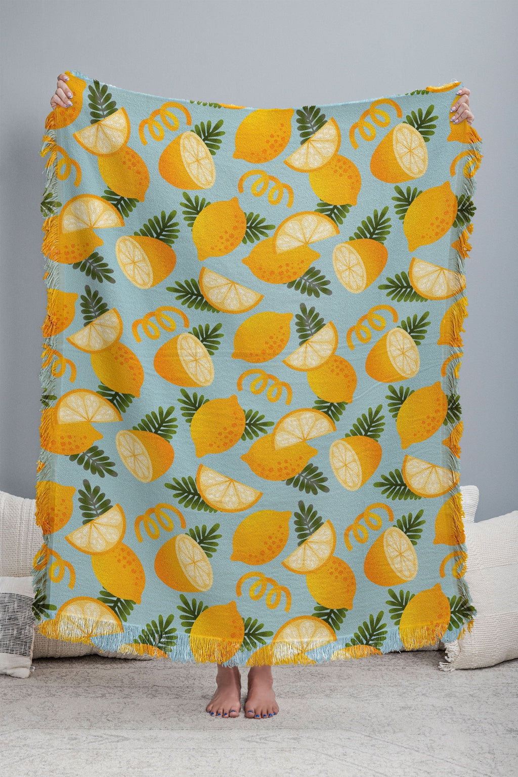 Jessica Molina Lemon Pattern on Sky Blue Throw Blanket