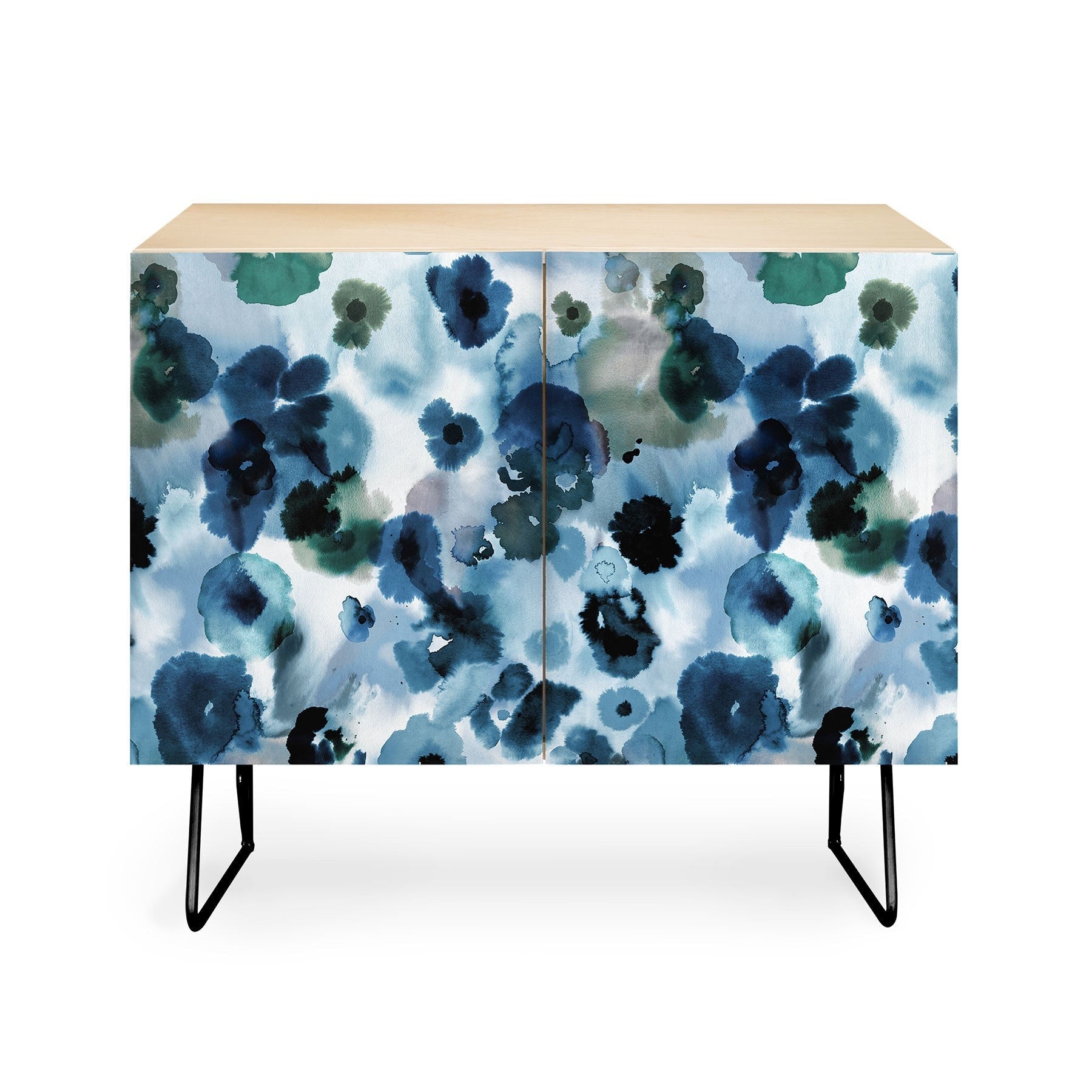 Ninola Design Botanic Retreat Ombre Abstract Watercolor Flowers Blue Navy Credenza