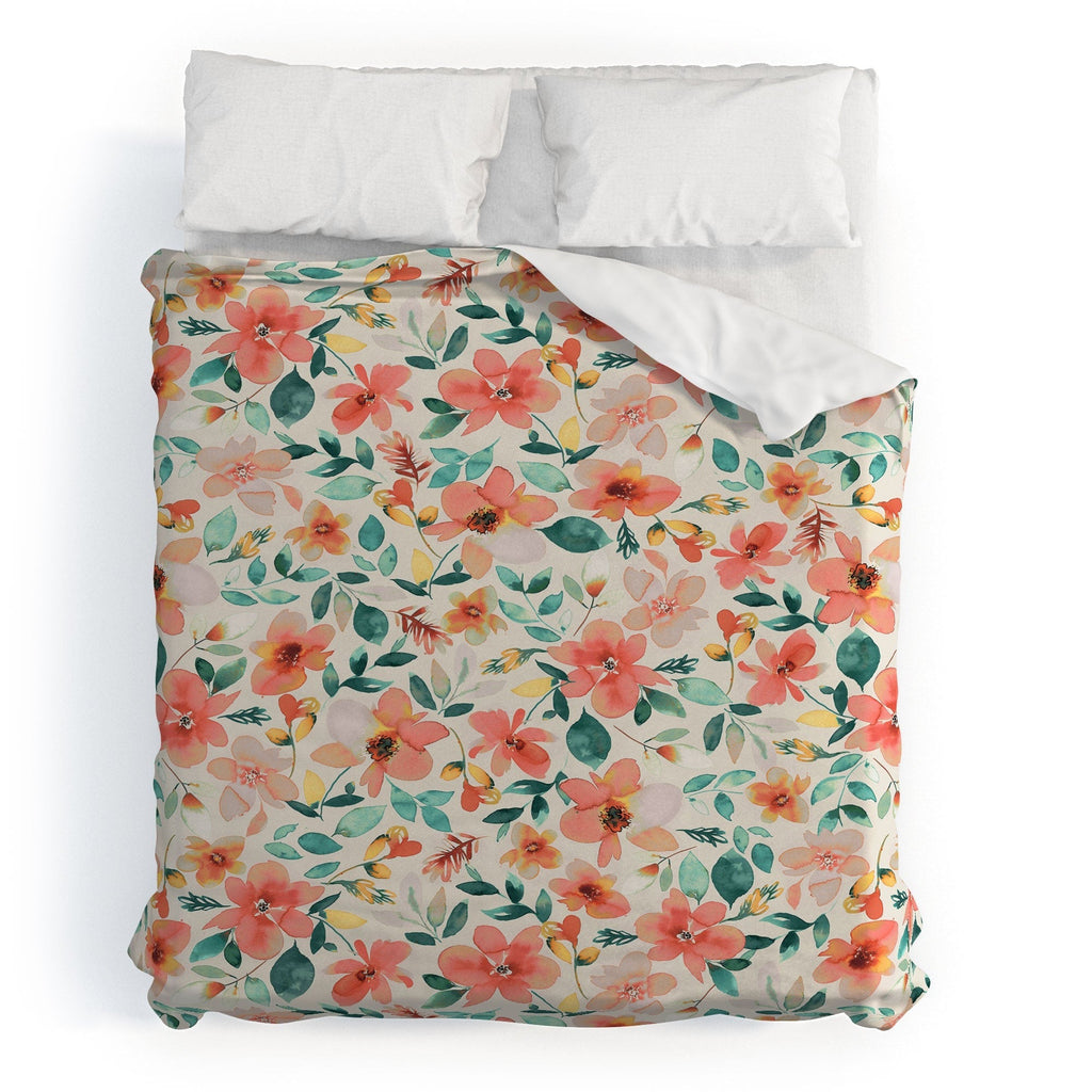 Ninola Design Botanic Retreat Tropical Whimsical Flowers Coral Green Duvet Cover