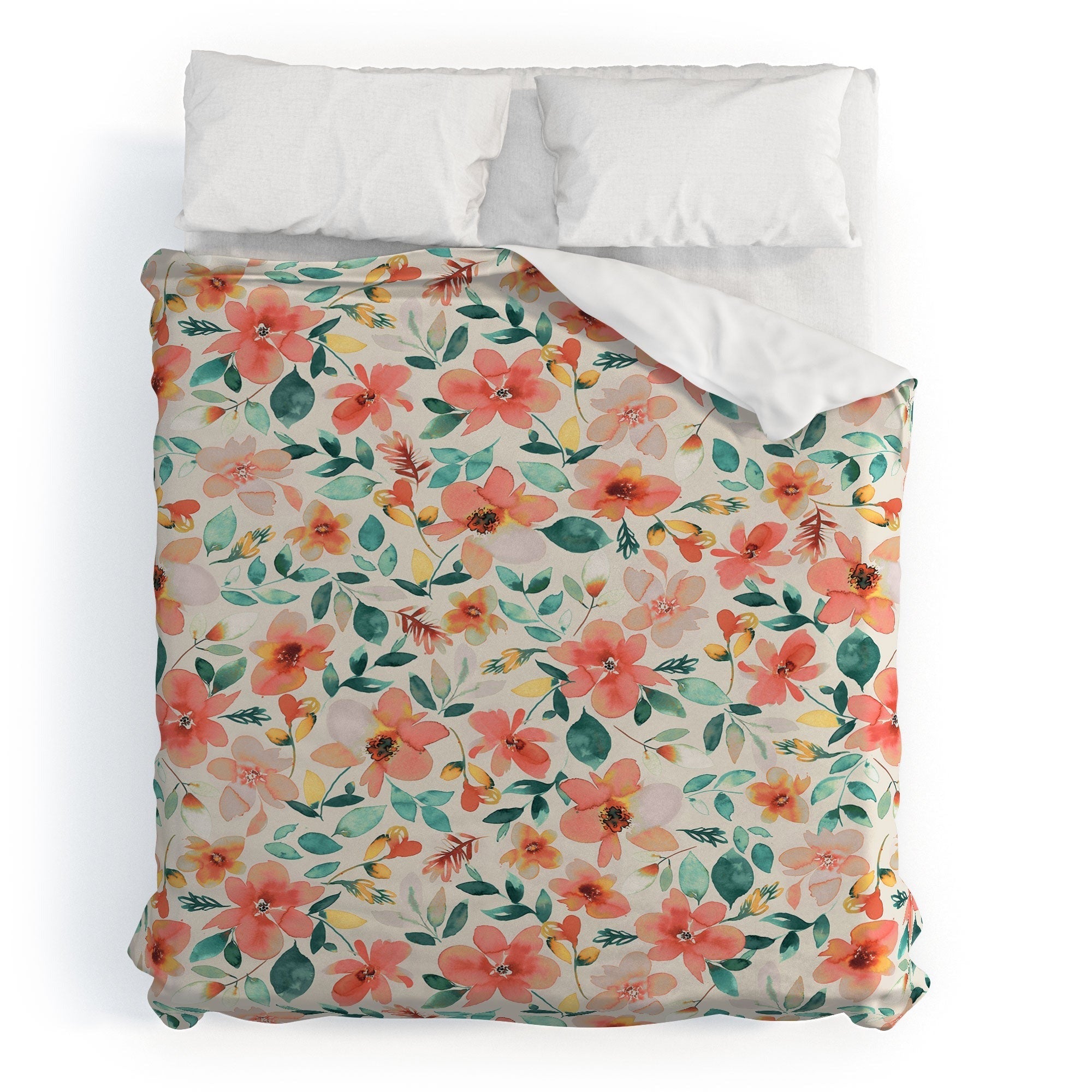 Ninola Design Botanic Retreat Tropical Whimsical Flowers Coral Green Duvet Cover