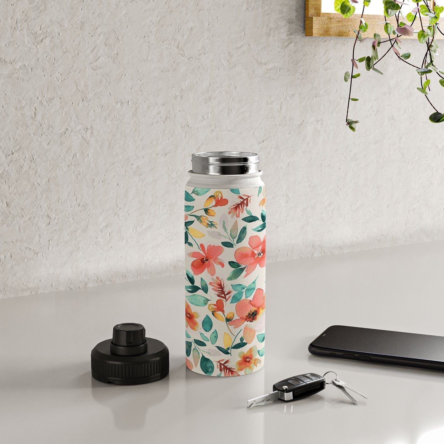 Ninola Design Botanic Retreat Tropical Whimsical Flowers Coral Green Water Bottle